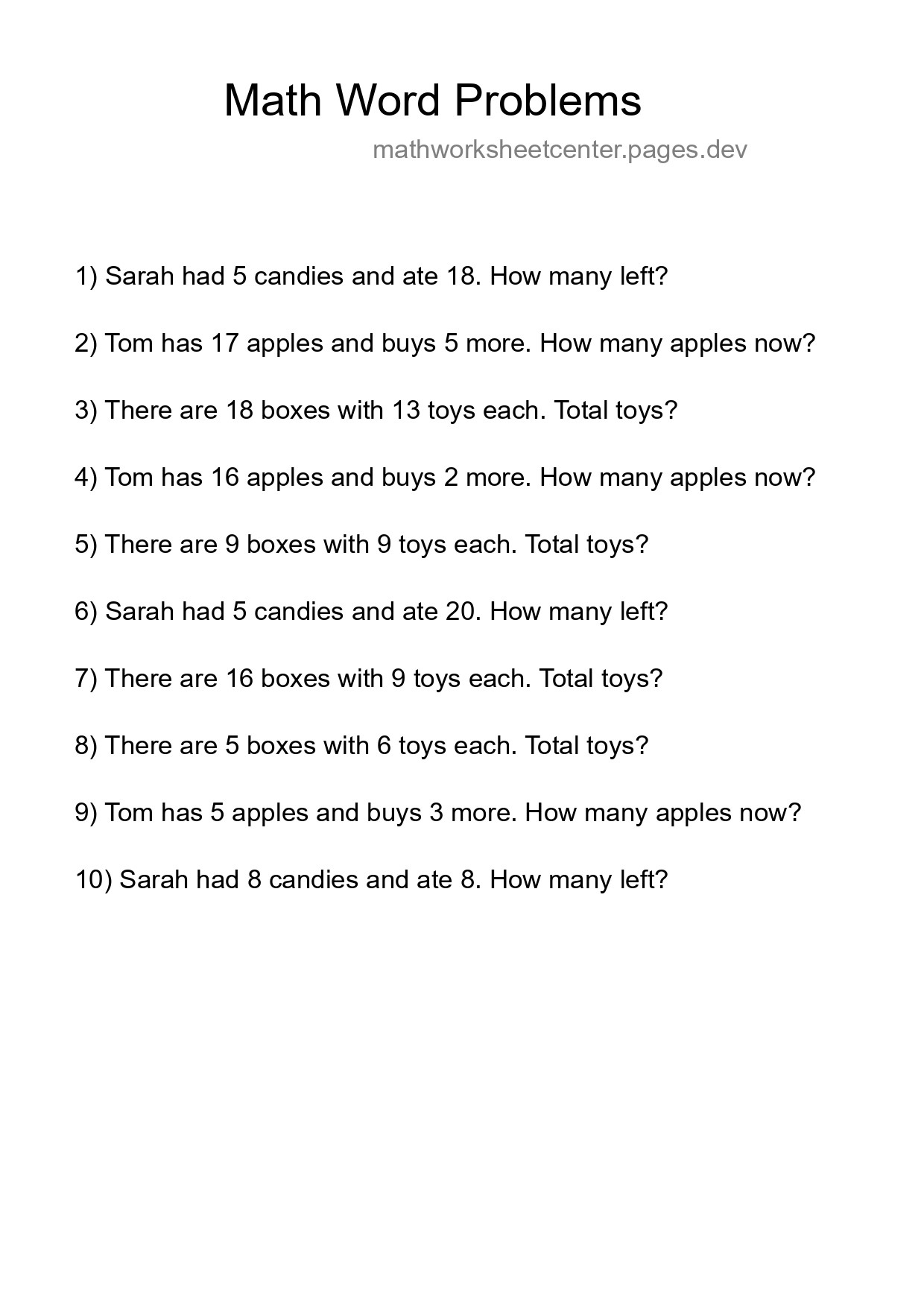 Math Word Problem Worksheet