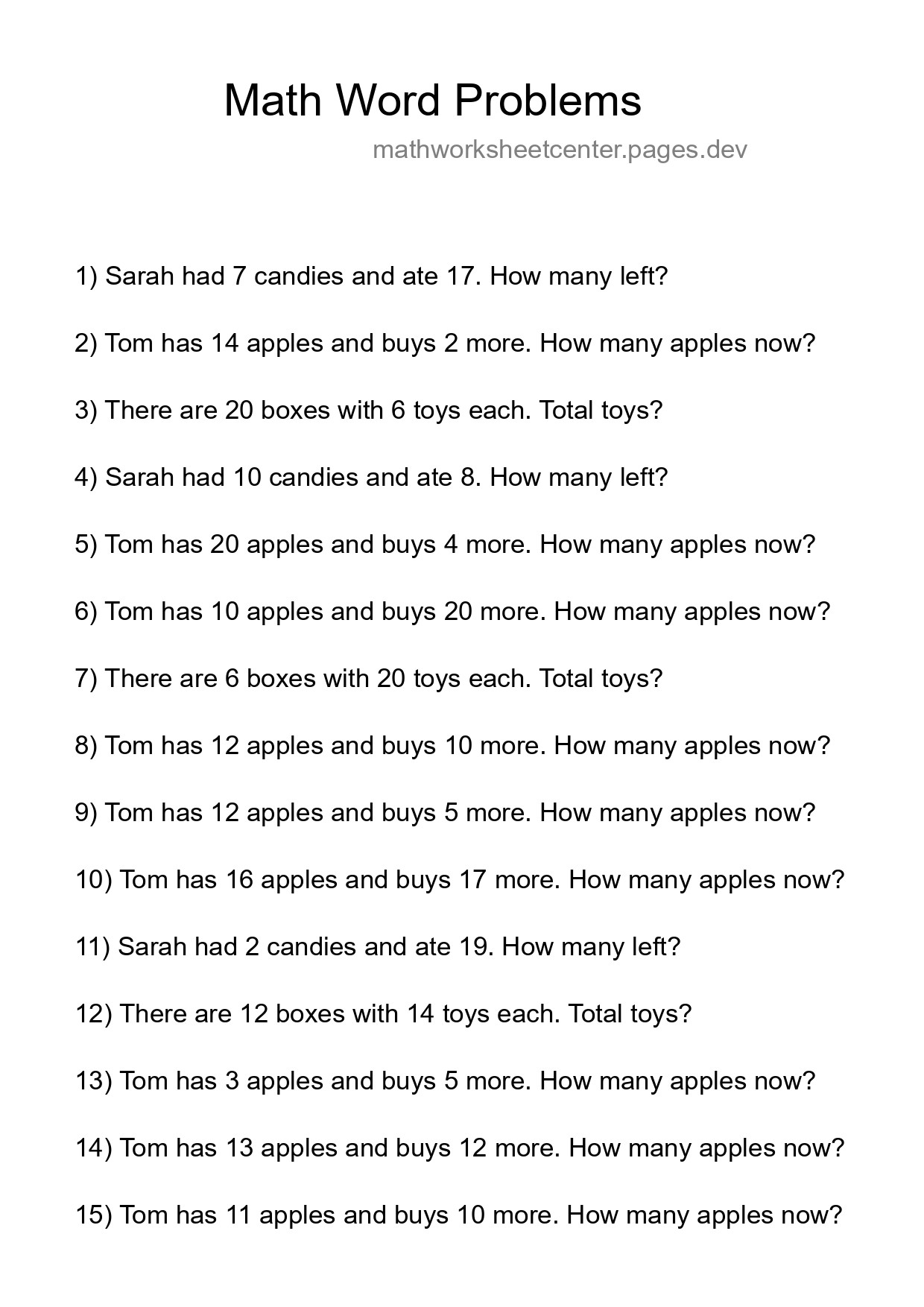 Math Word Problem Worksheet