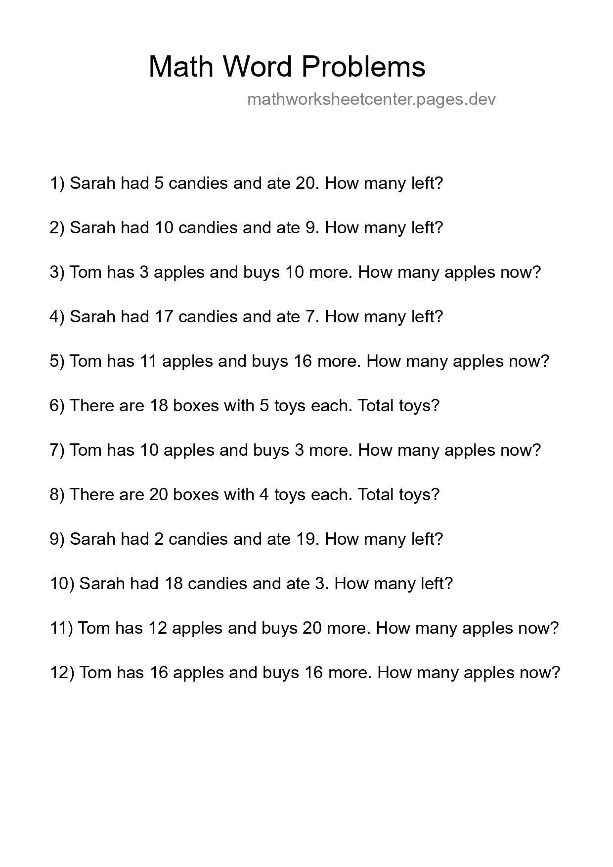 Math Word Problem Worksheet