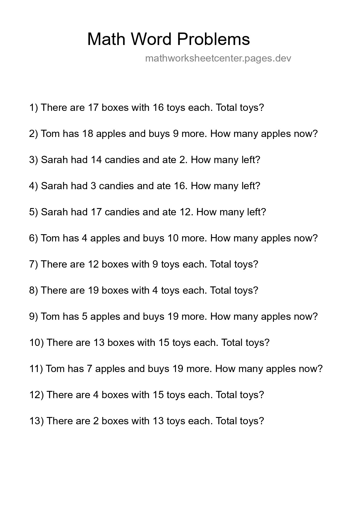 Math Word Problem Worksheet