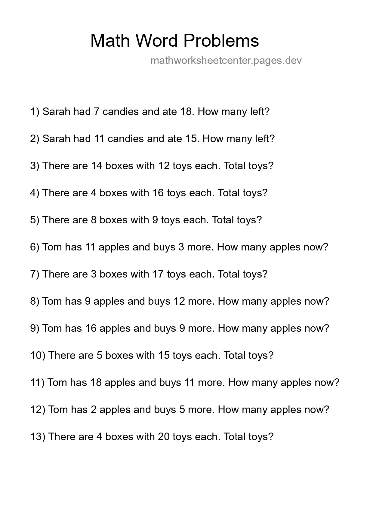 Math Word Problem Worksheet