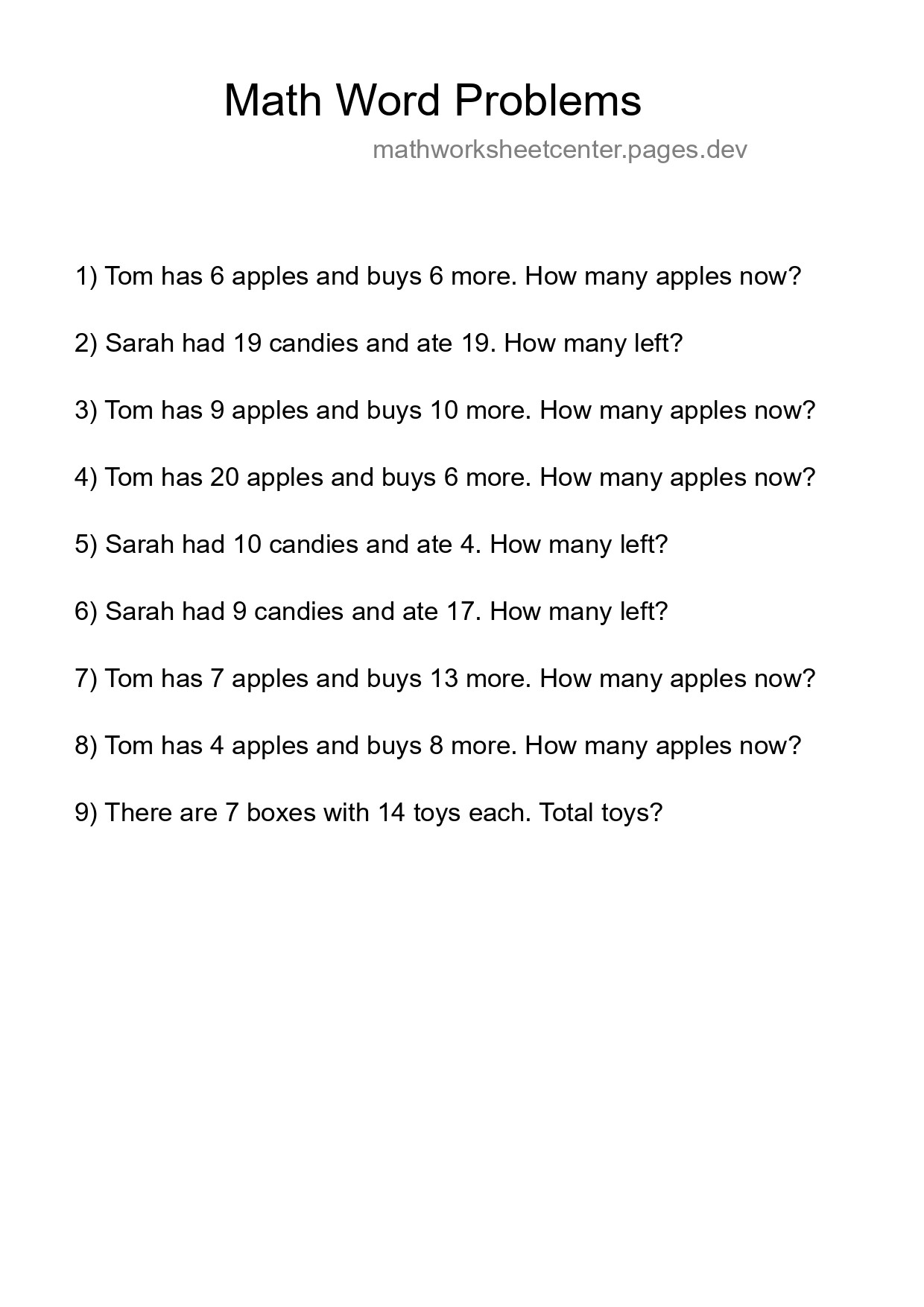 Math Word Problem Worksheet