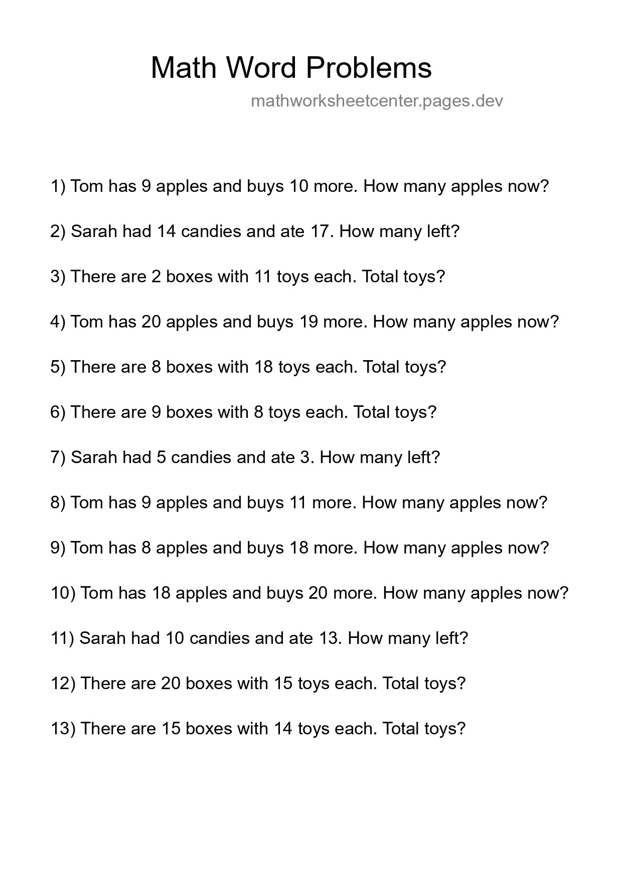 Math Word Problem Worksheet