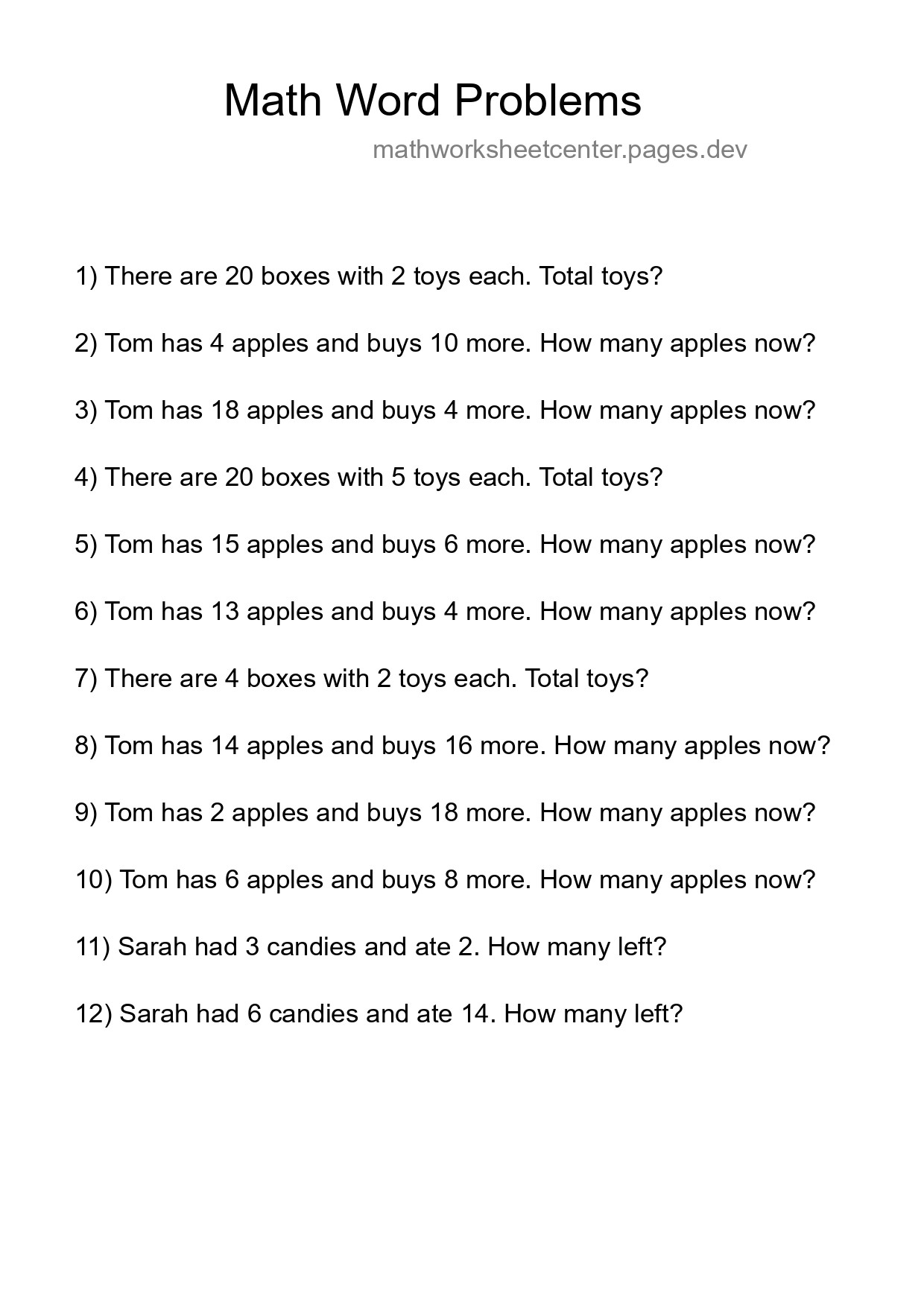 Math Word Problem Worksheet