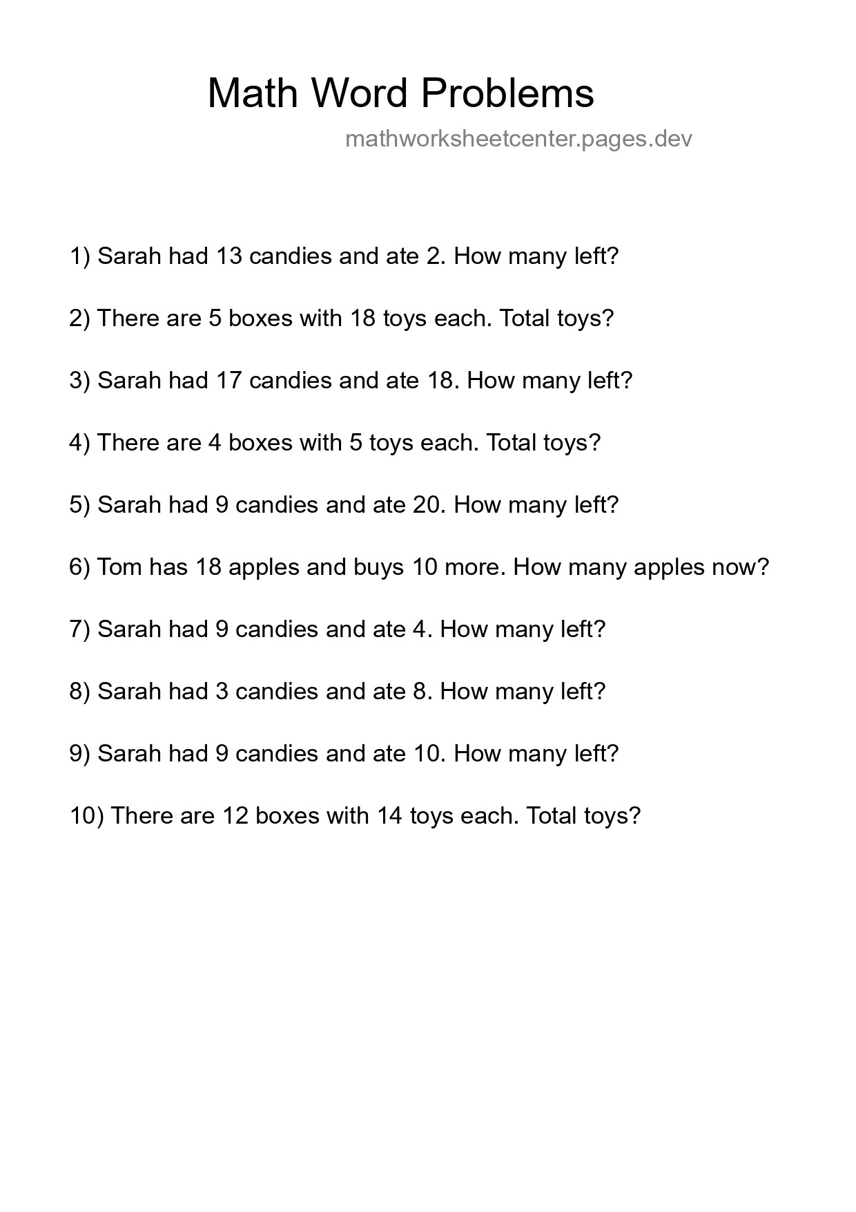 Math Word Problem Worksheet