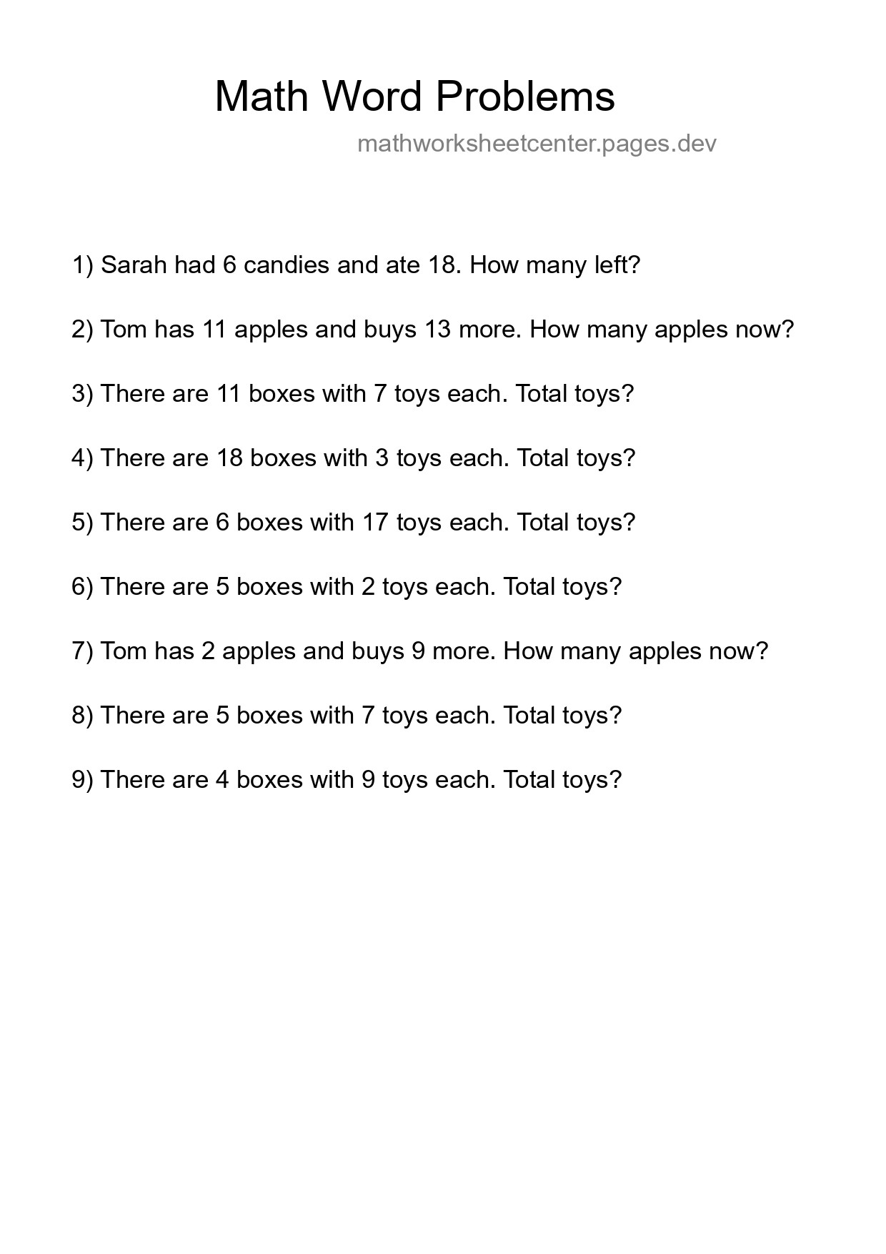 Math Word Problem Worksheet