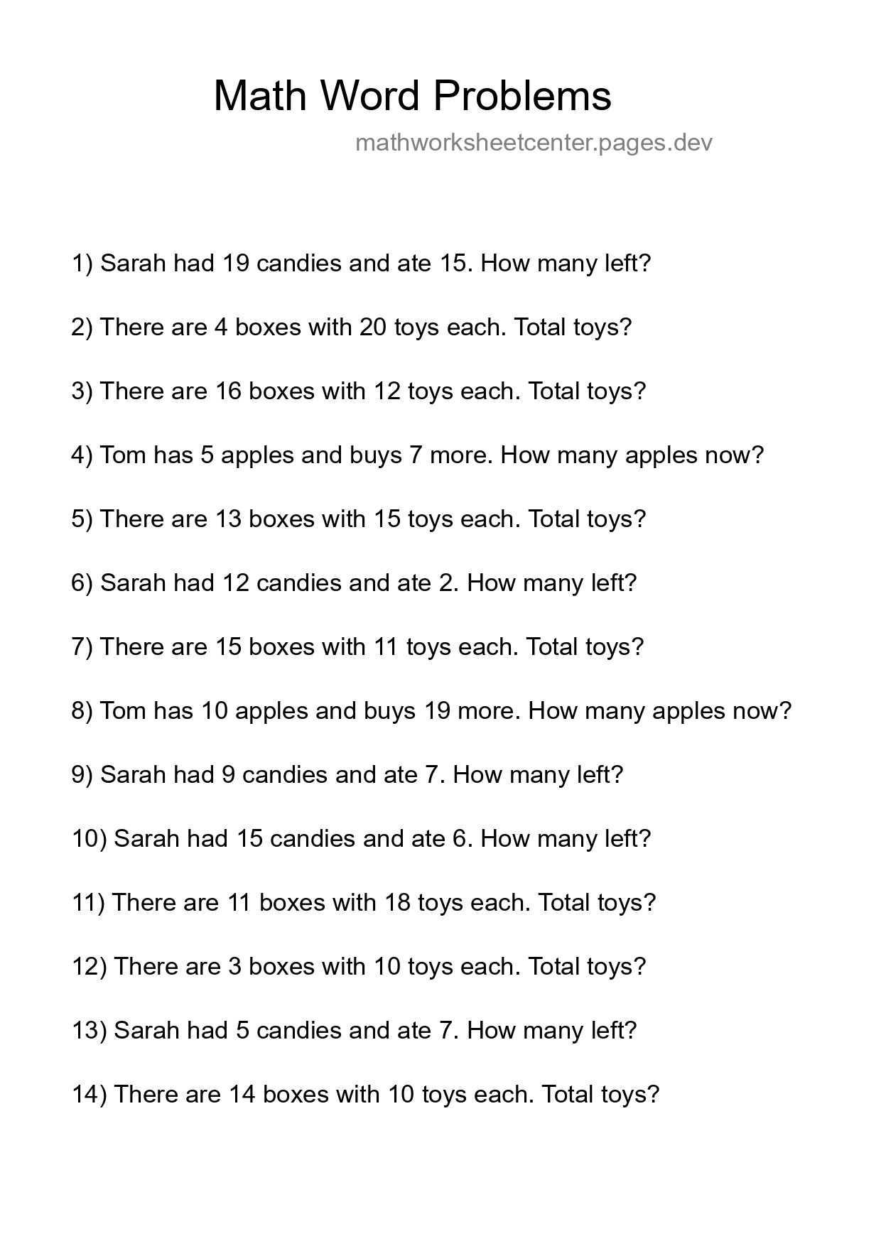 Math Word Problem Worksheet