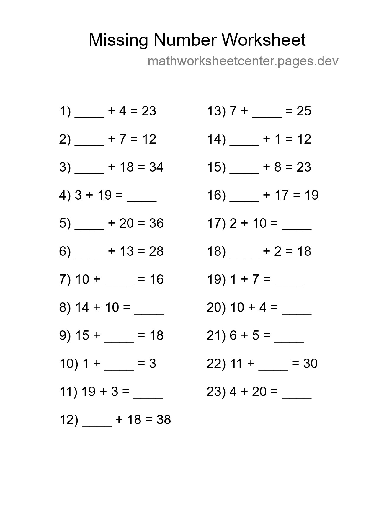Missing Number Math Worksheet