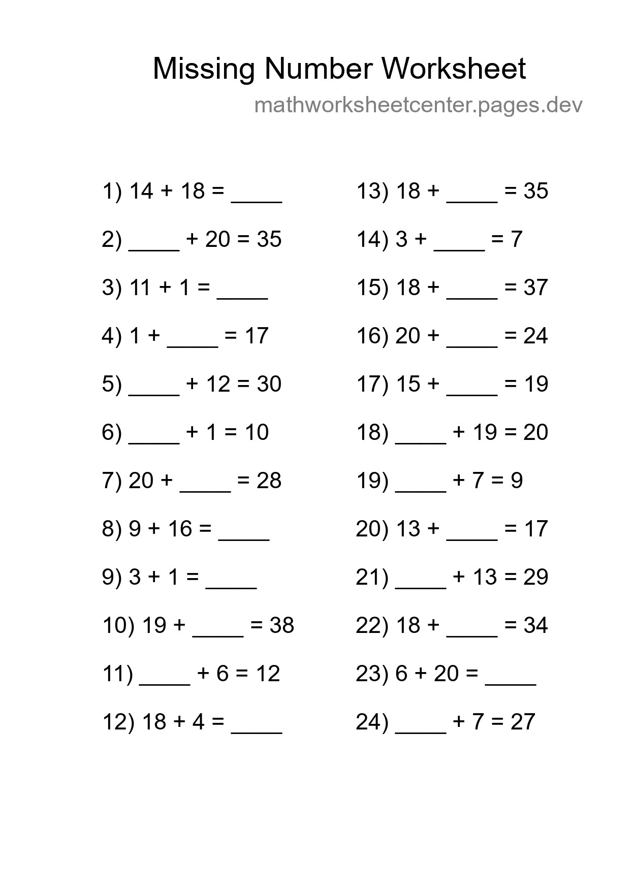 Missing Number Math Worksheet