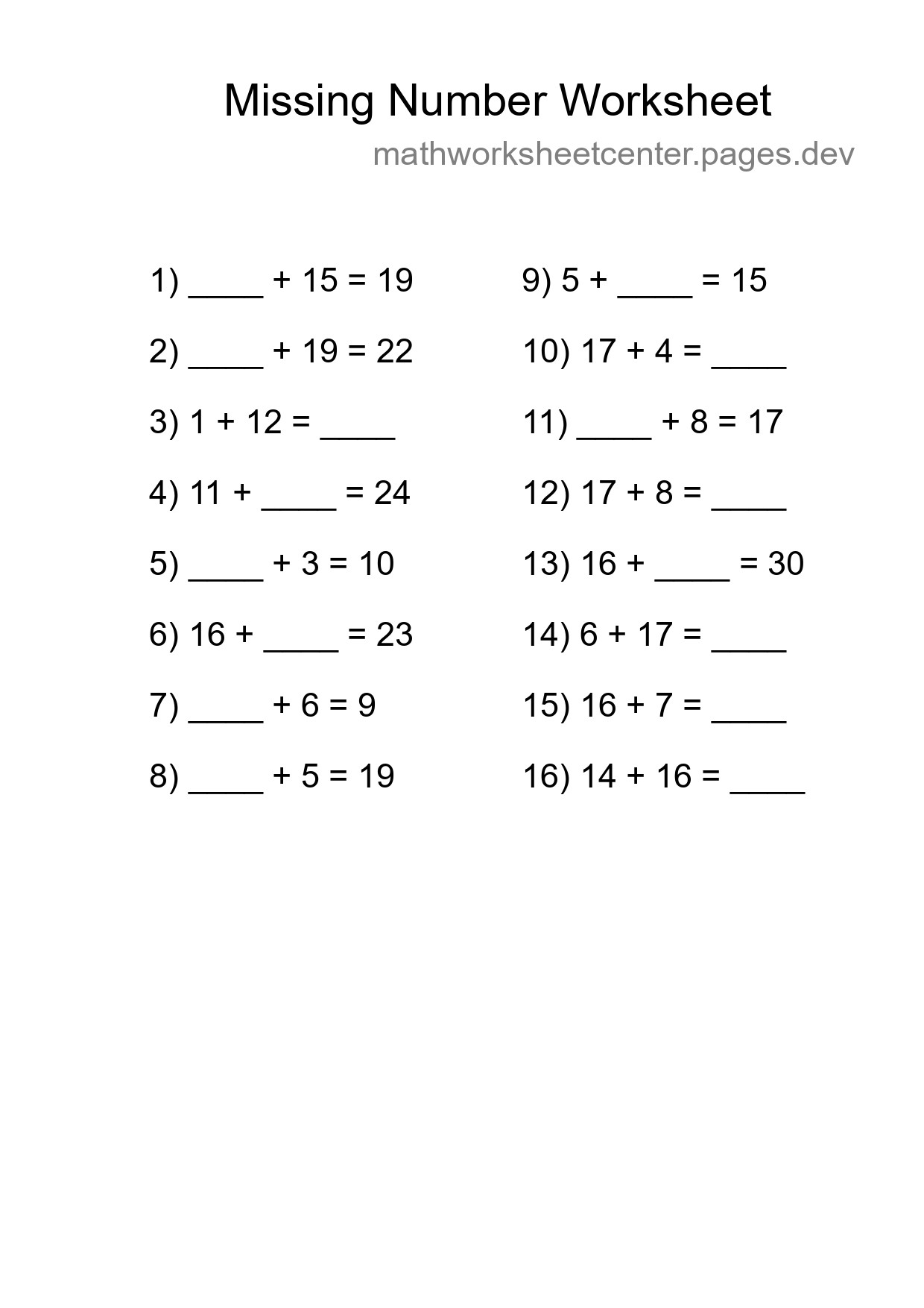 Missing Number Math Worksheet