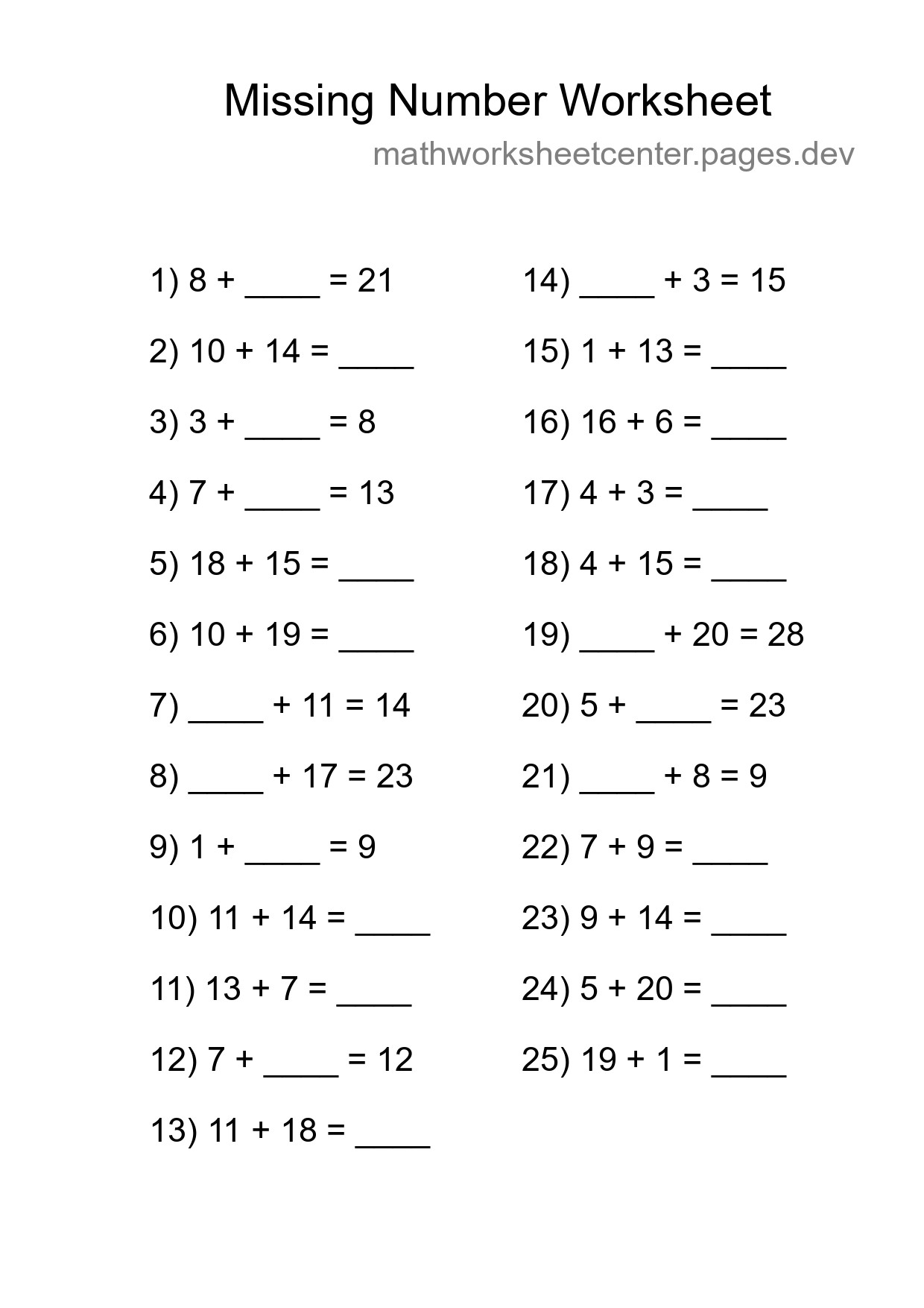 Missing Number Math Worksheet