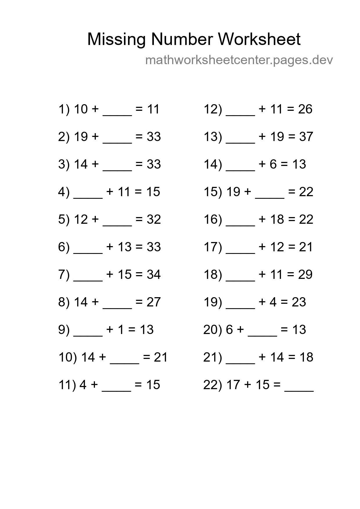 Missing Number Math Worksheet