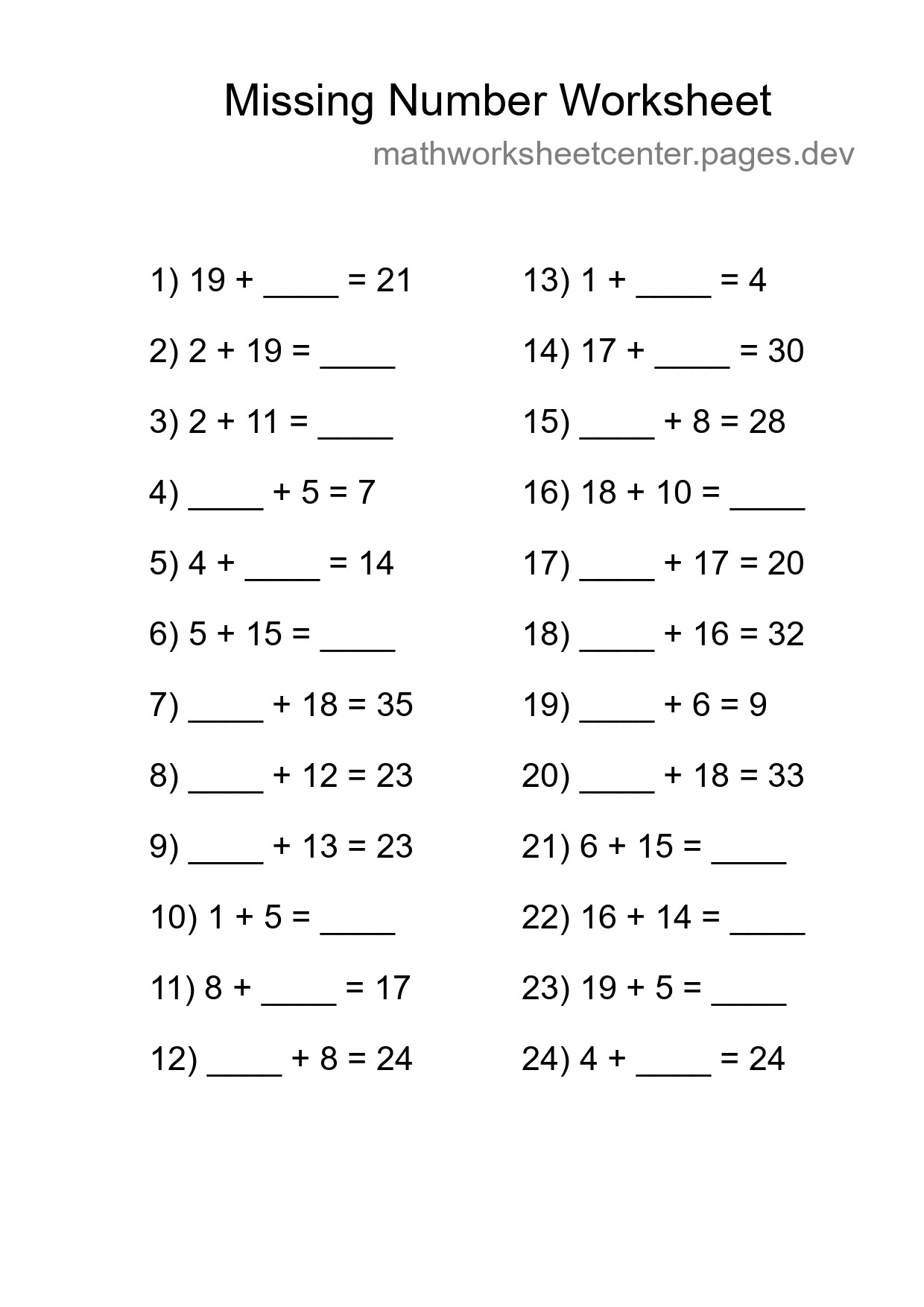 Missing Number Math Worksheet