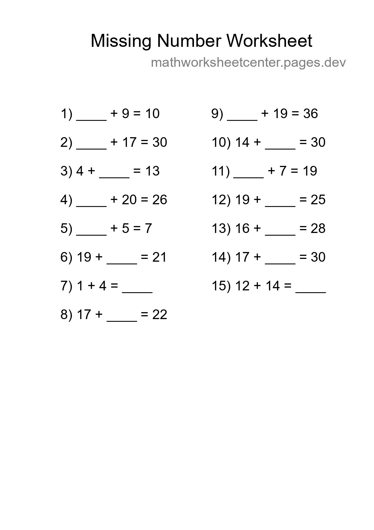 Missing Number Math Worksheet