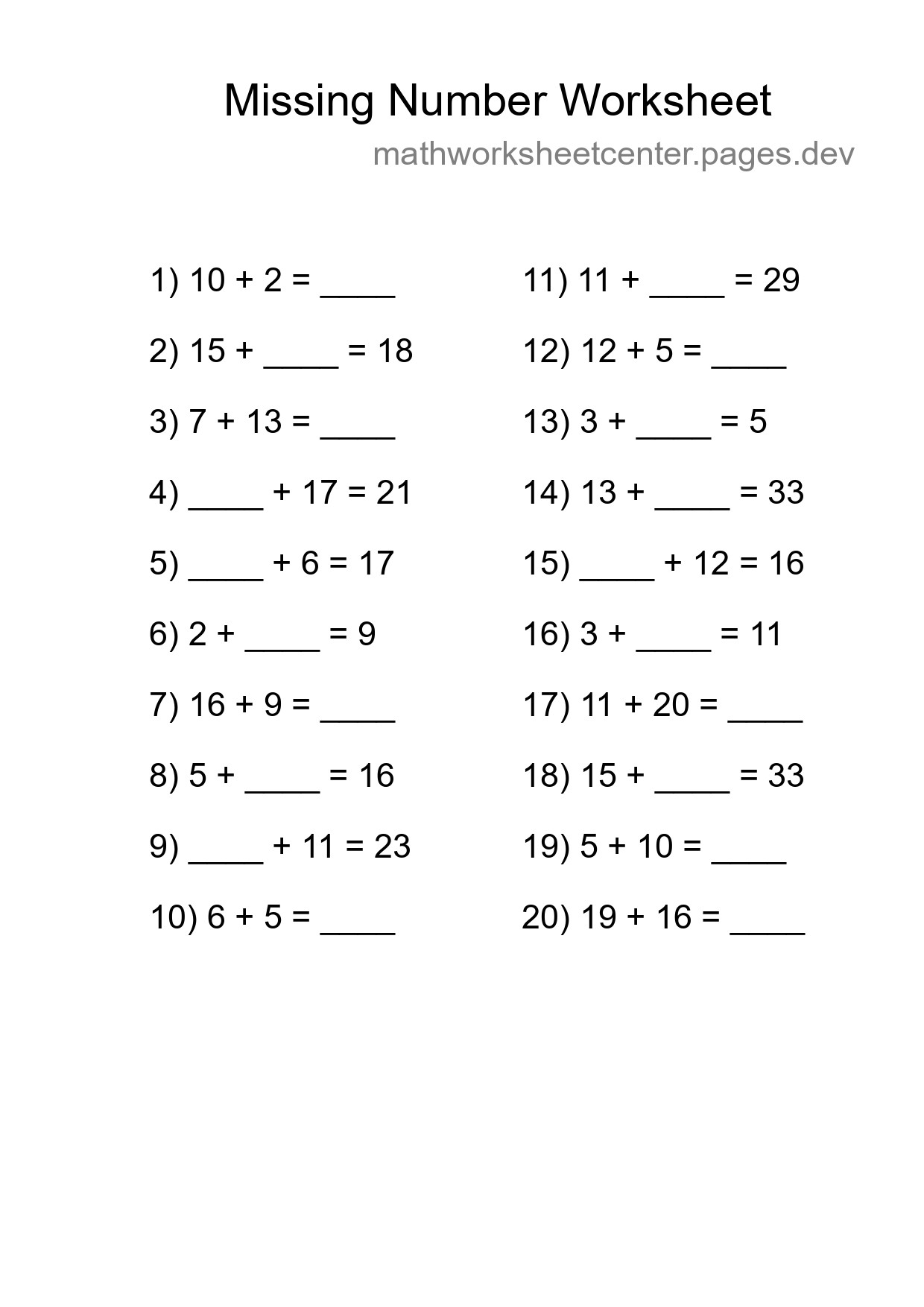 Missing Number Math Worksheet