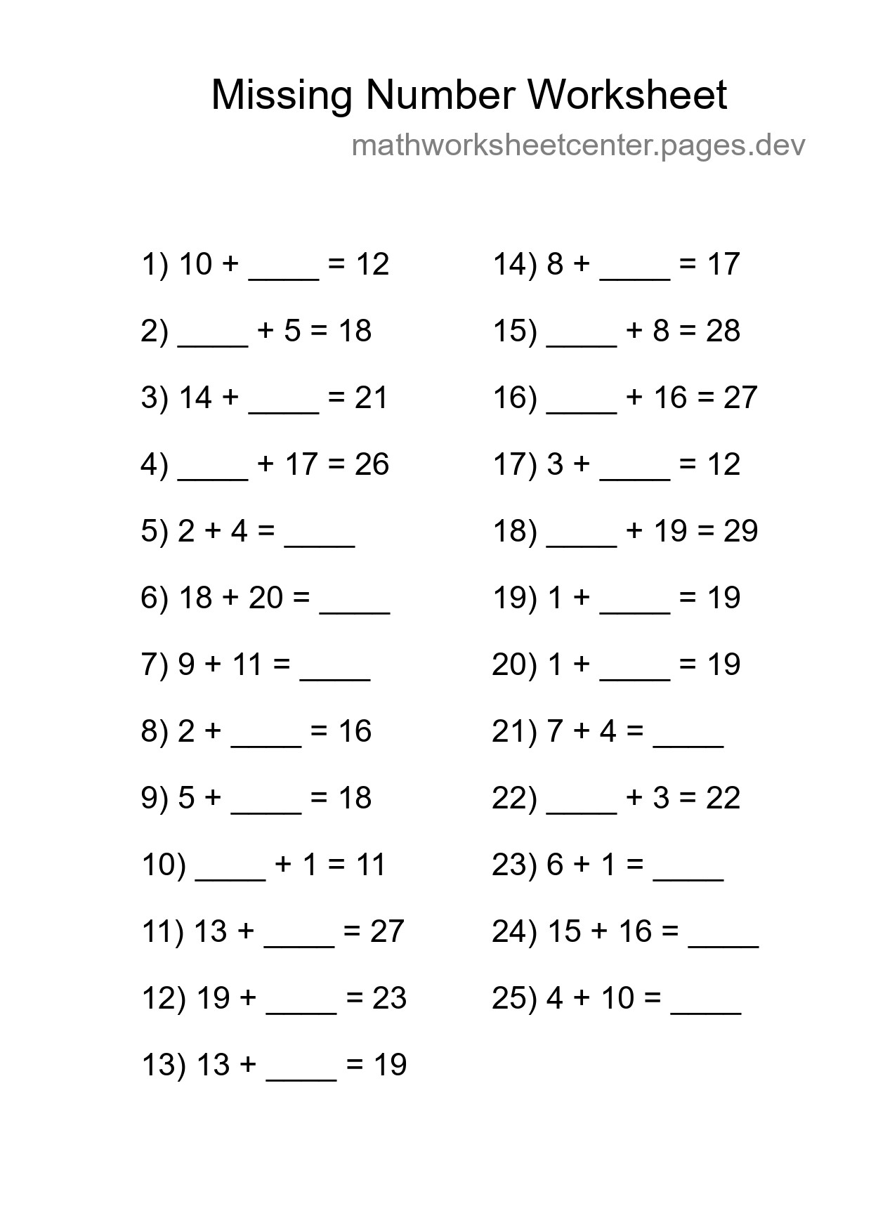 Missing Number Math Worksheet