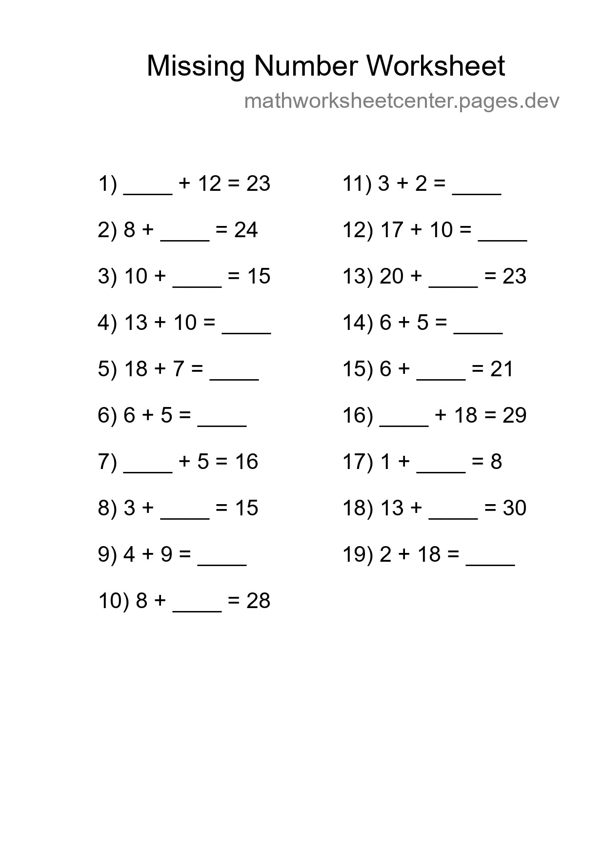 Missing Number Math Worksheet