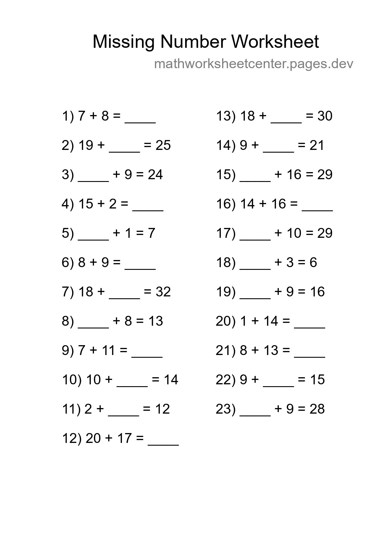 Missing Number Math Worksheet