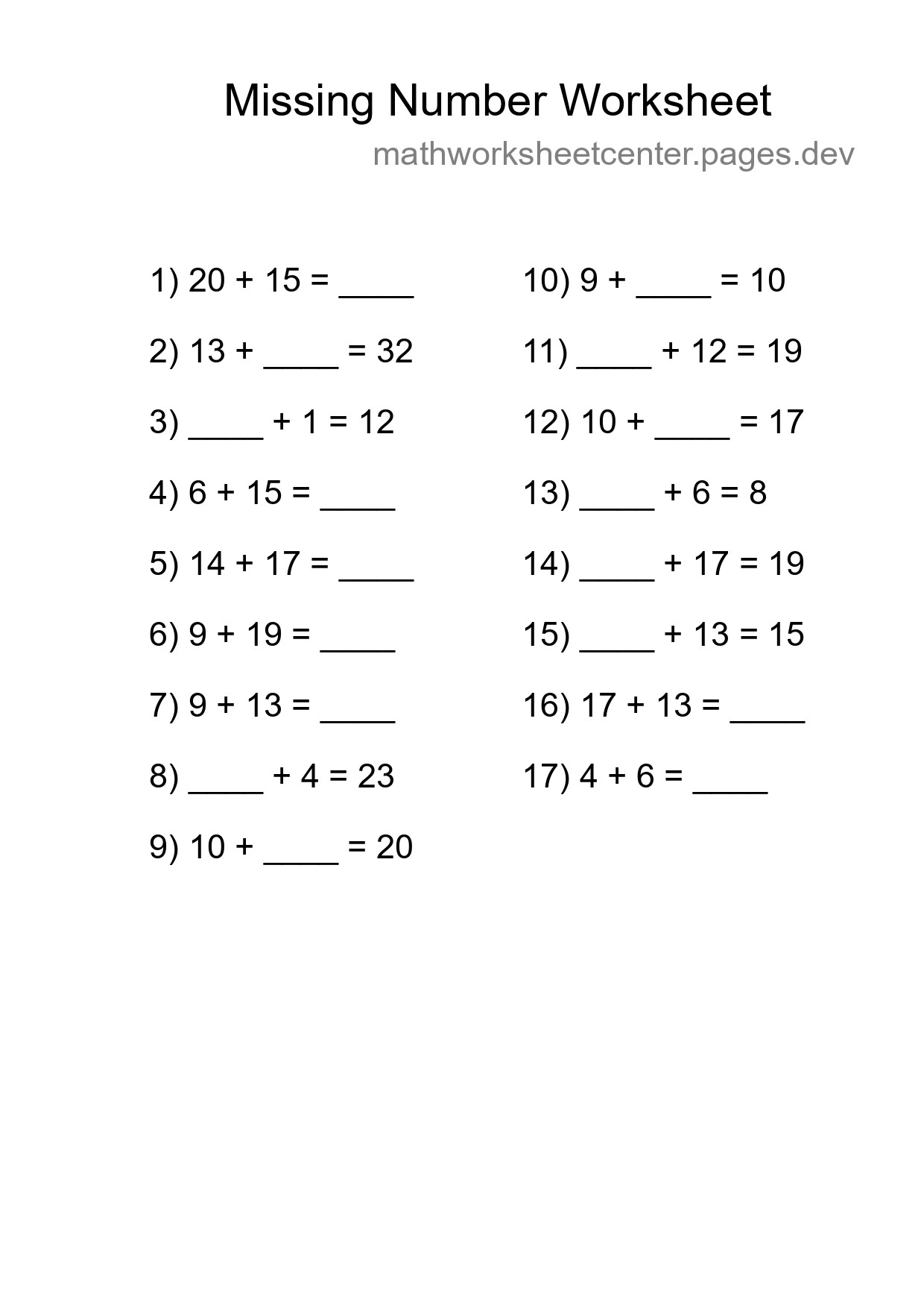 Missing Number Math Worksheet
