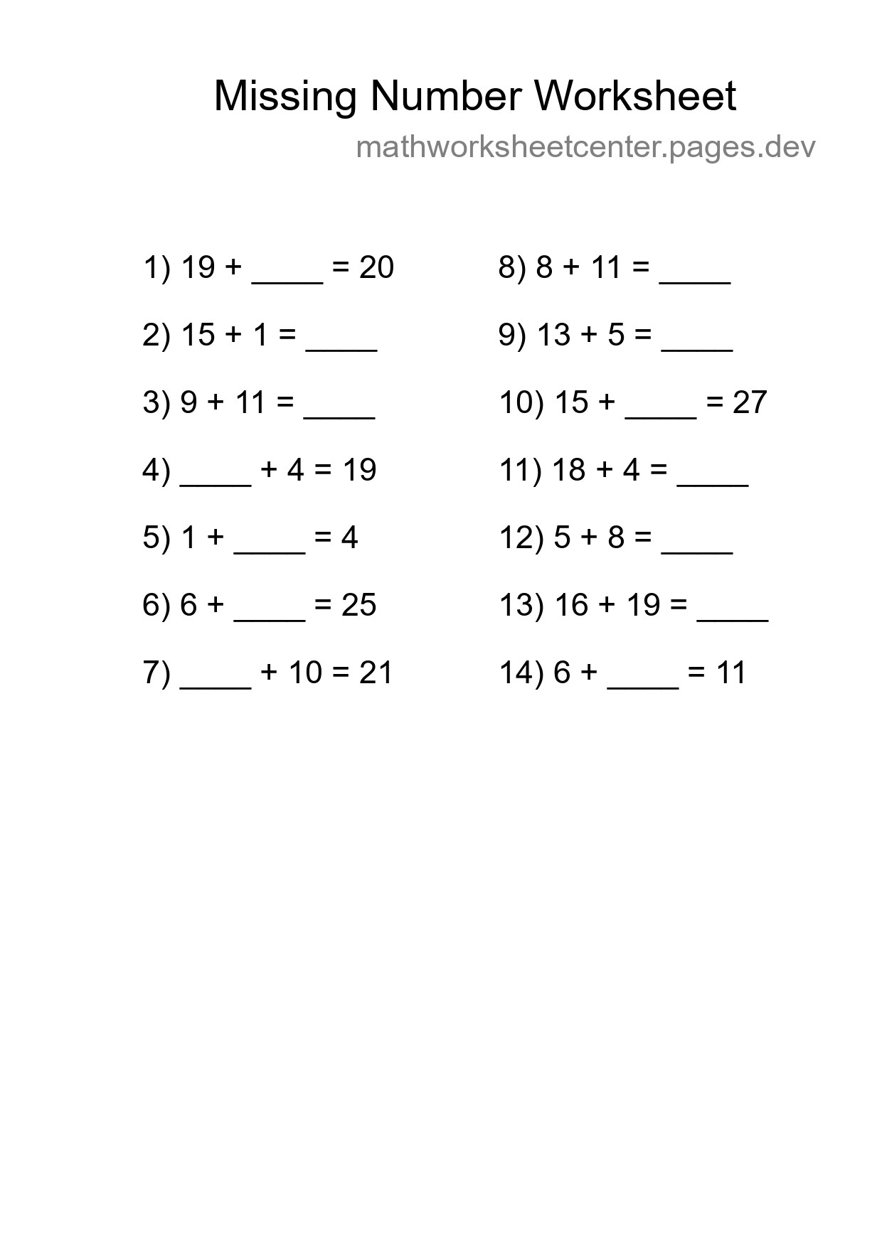 Missing Number Math Worksheet