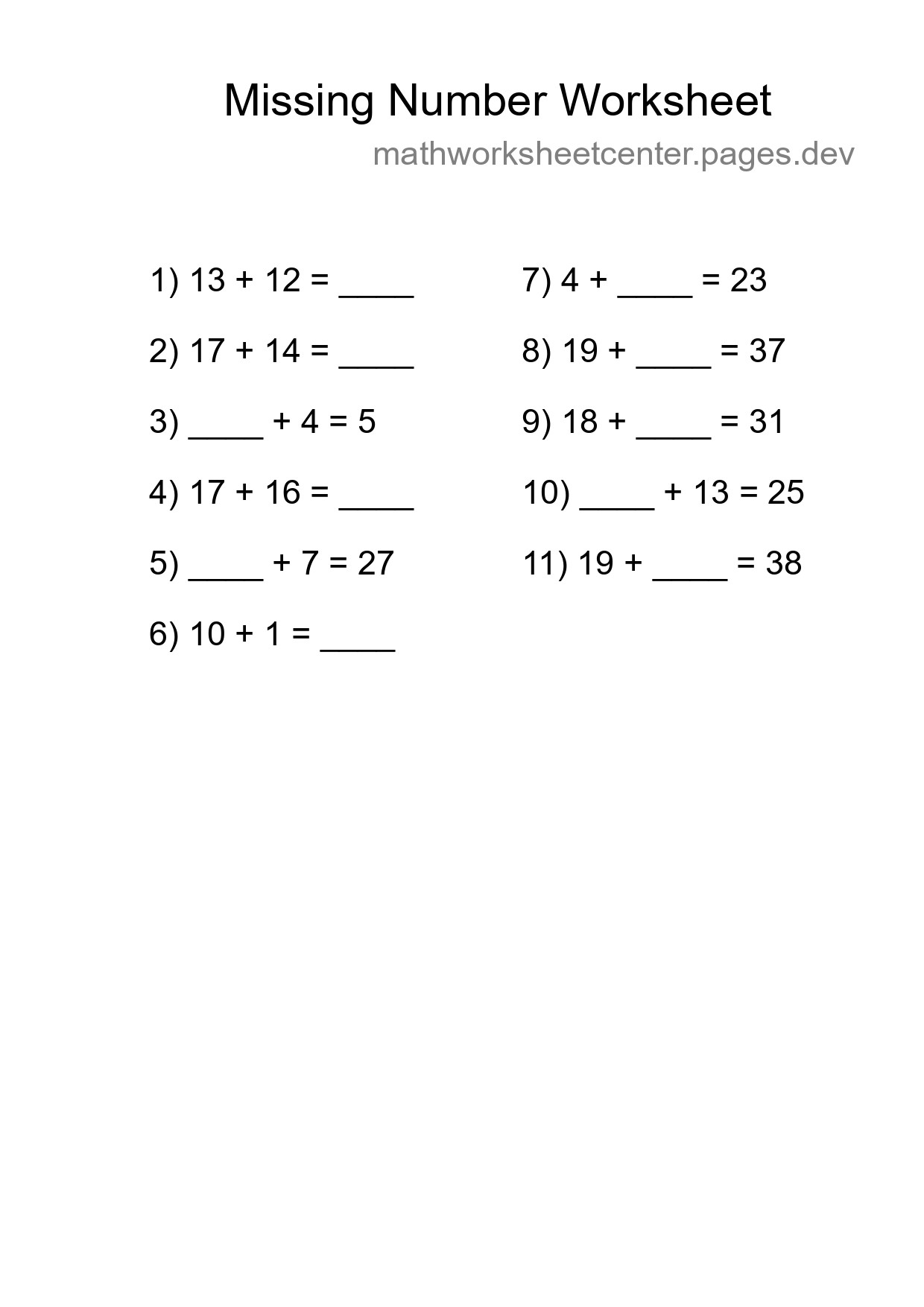 Missing Number Math Worksheet