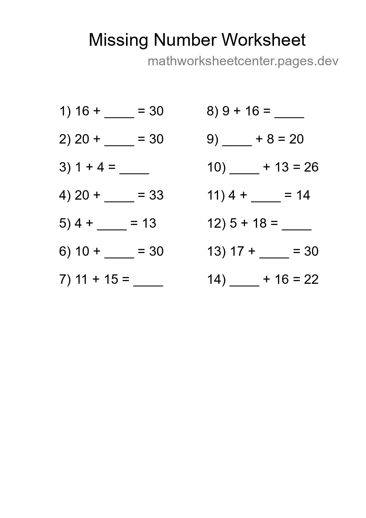 Missing Number Math Worksheet
