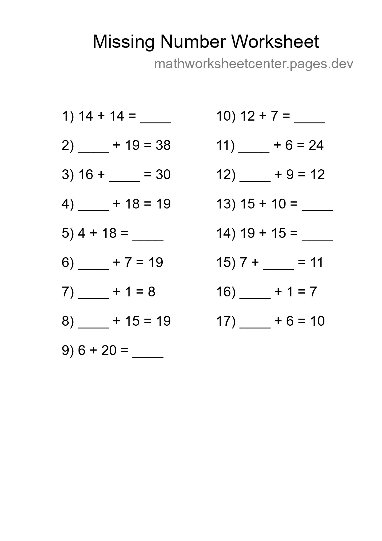 Missing Number Math Worksheet