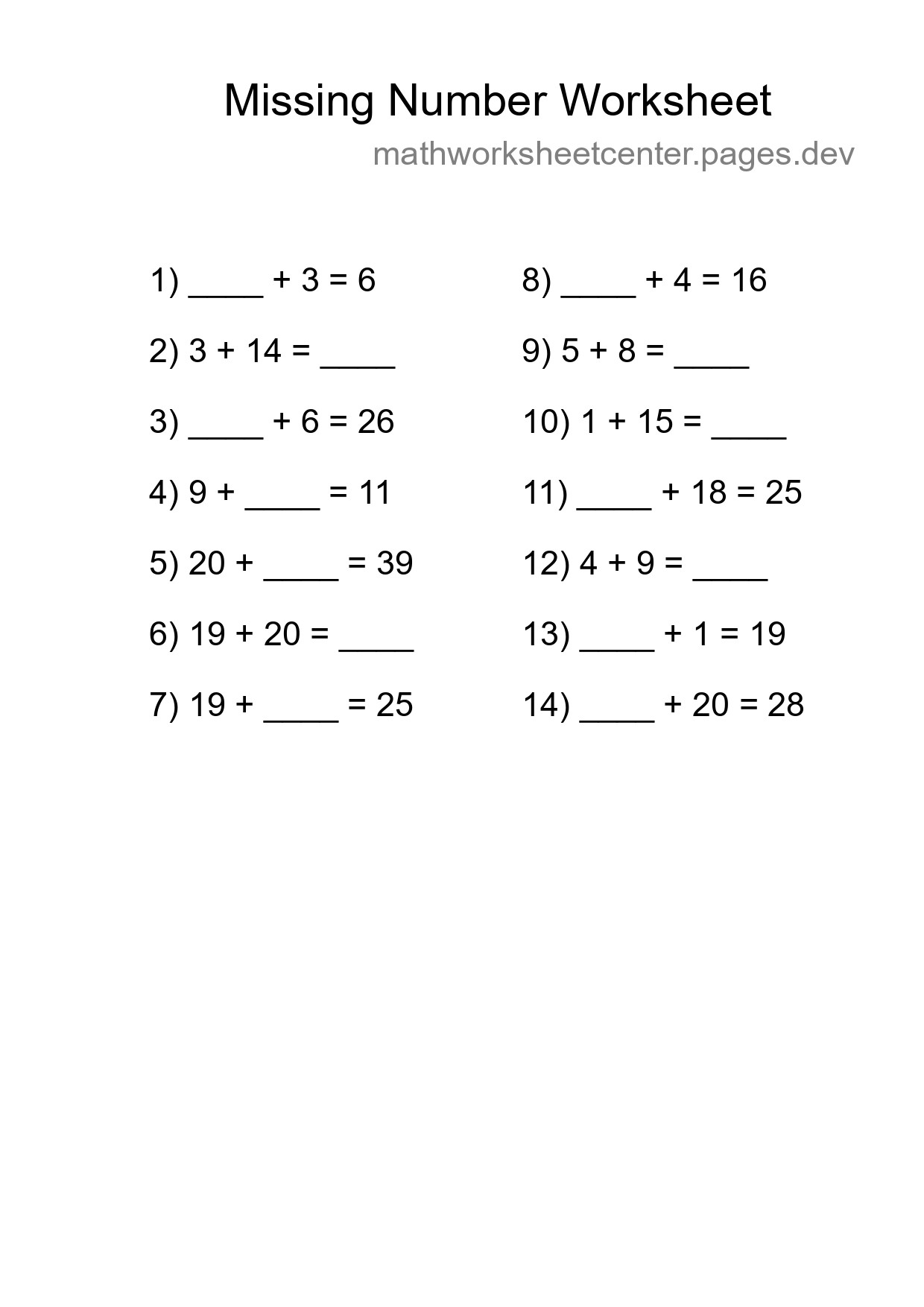 Missing Number Math Worksheet