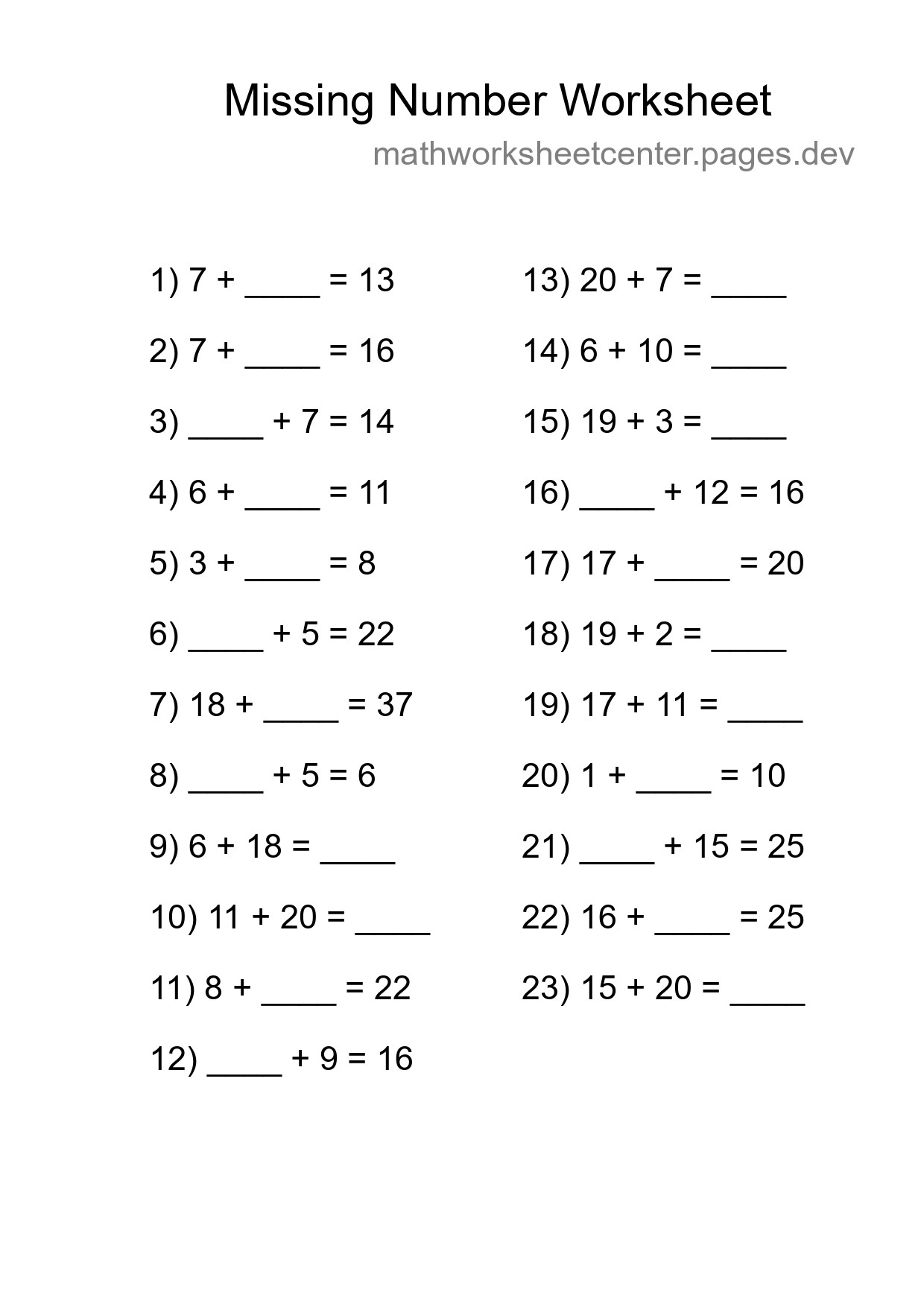 Missing Number Math Worksheet
