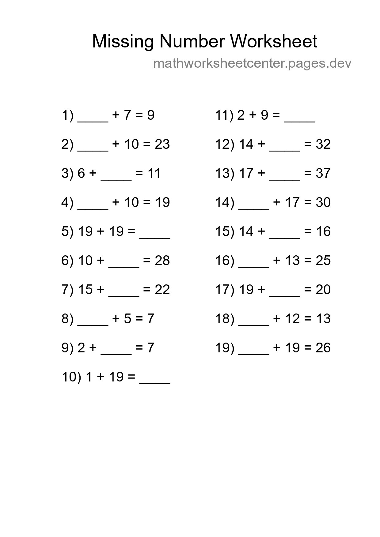 Missing Number Math Worksheet