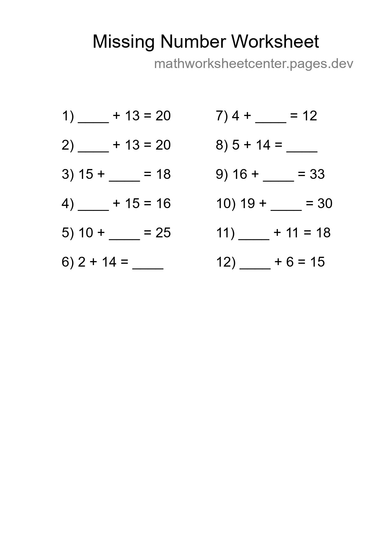 Missing Number Math Worksheet