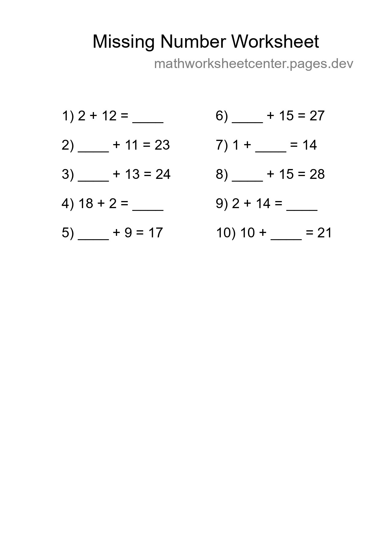 Missing Number Math Worksheet