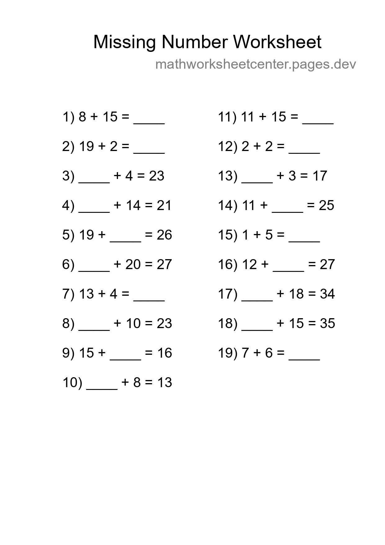 Missing Number Math Worksheet