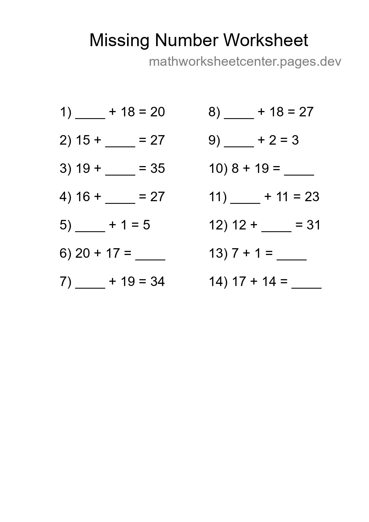 Missing Number Math Worksheet