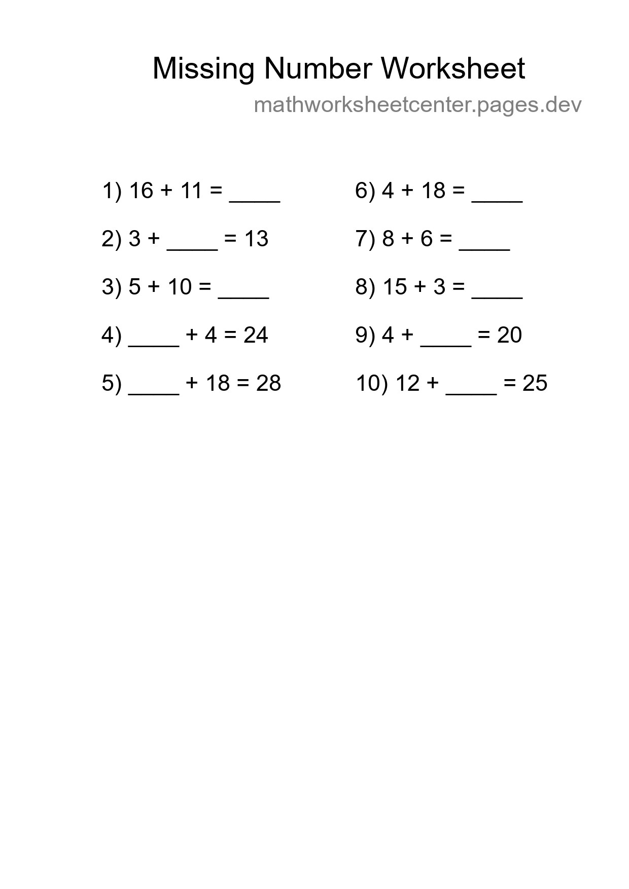 Missing Number Math Worksheet