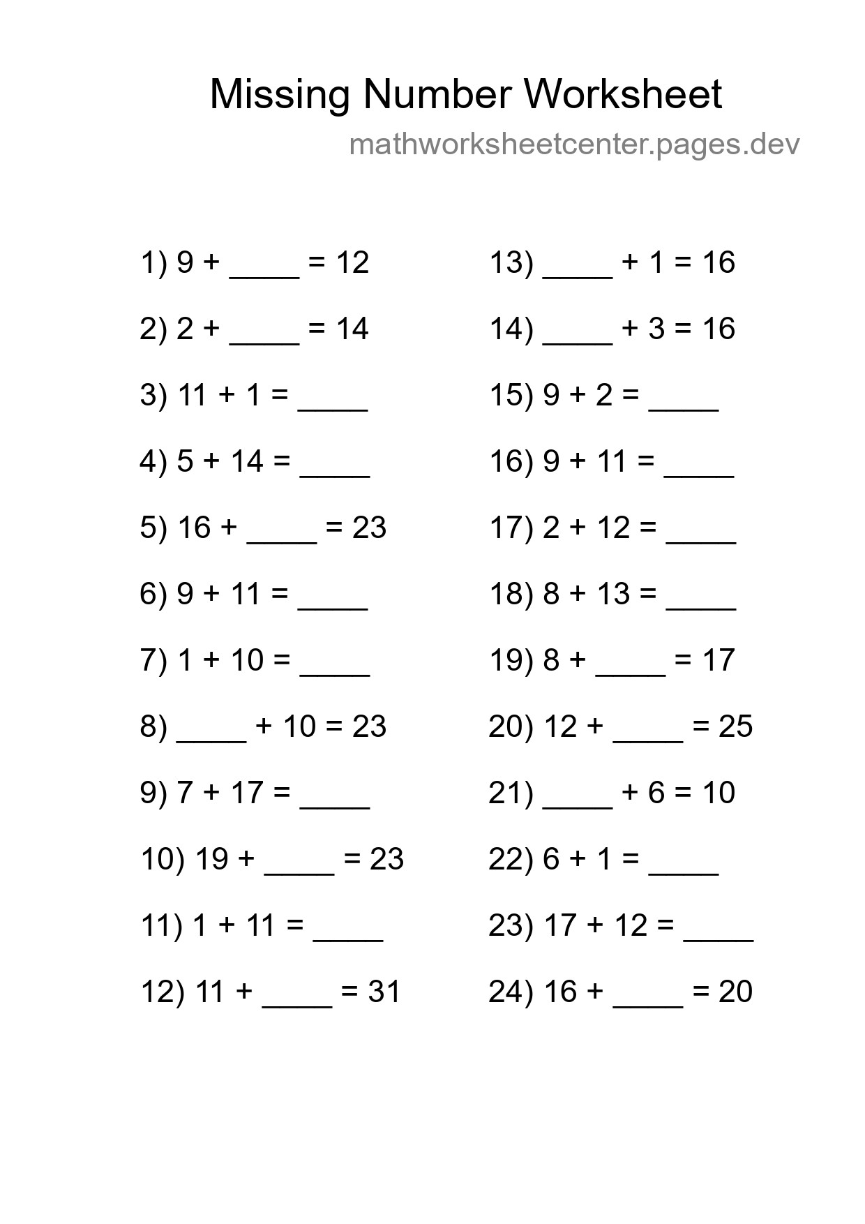 Missing Number Math Worksheet