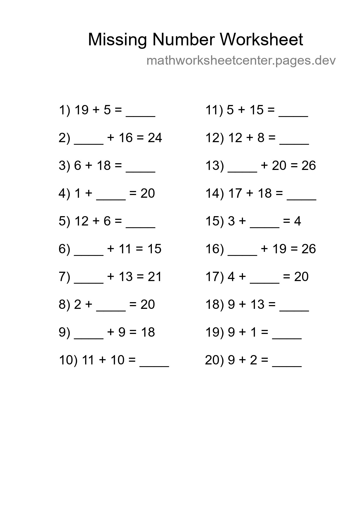 Missing Number Math Worksheet