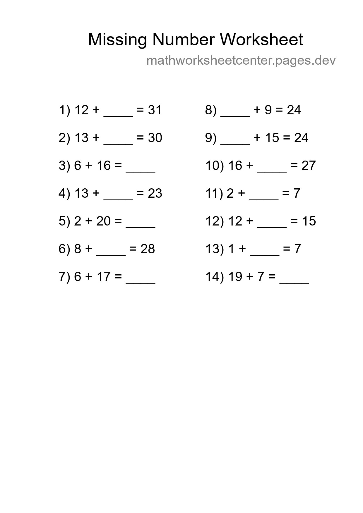 Missing Number Math Worksheet