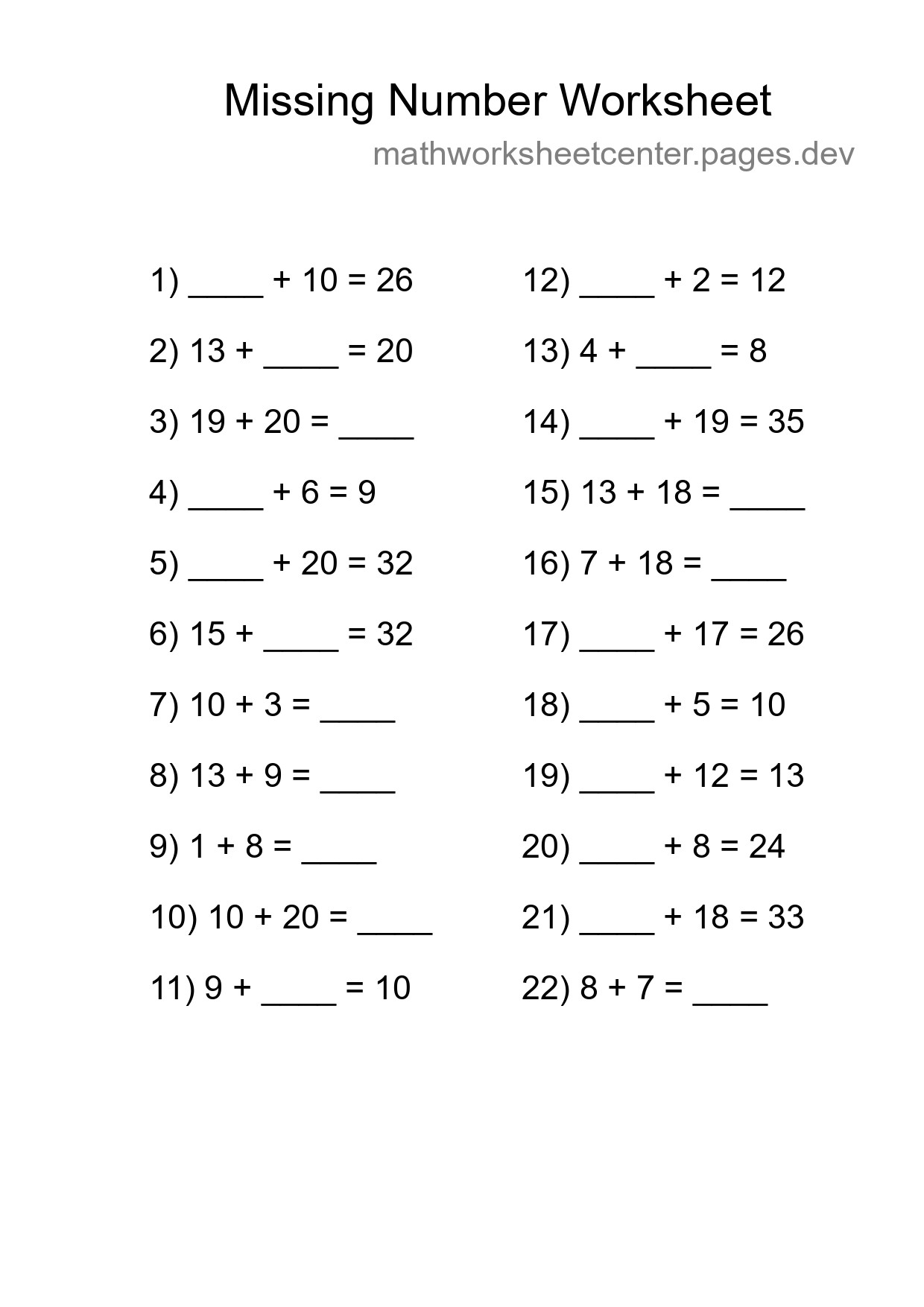 Missing Number Math Worksheet