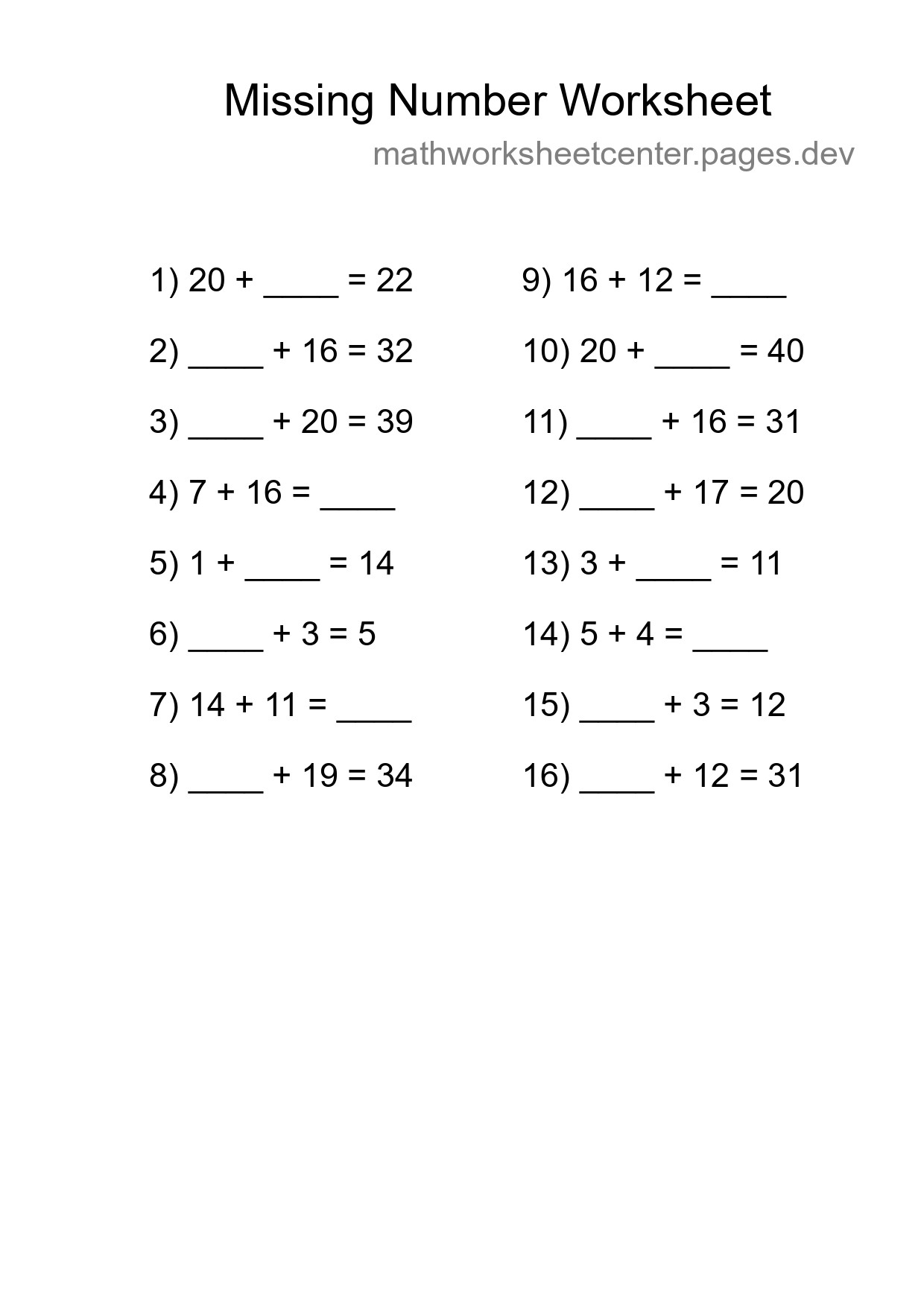 Missing Number Math Worksheet