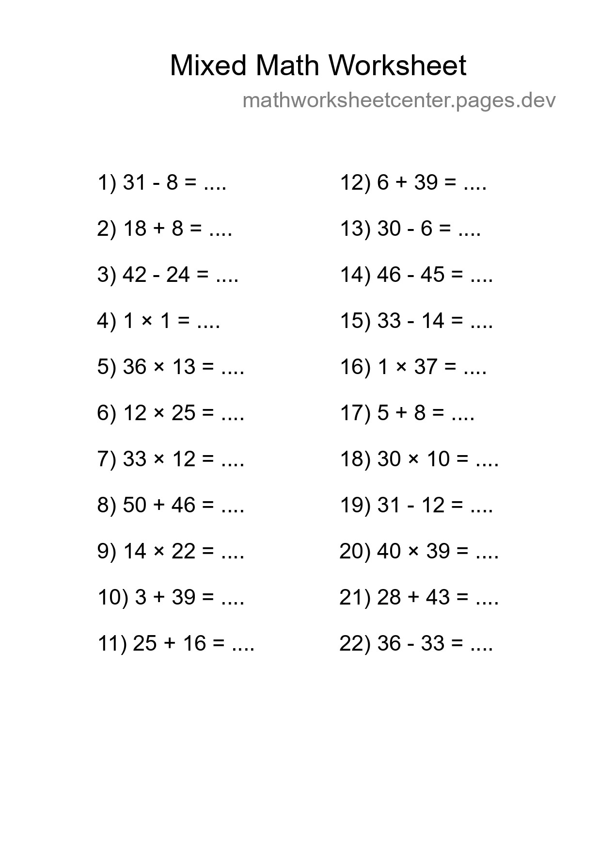 Mixed Operations Math Worksheet