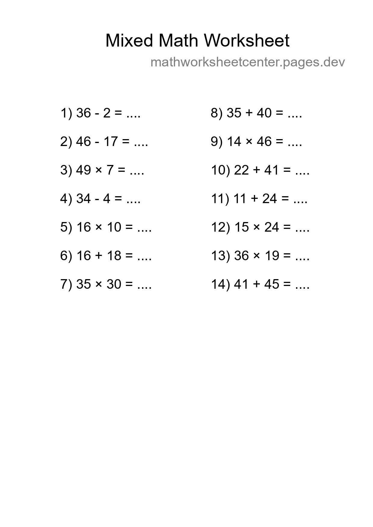 Mixed Operations Math Worksheet