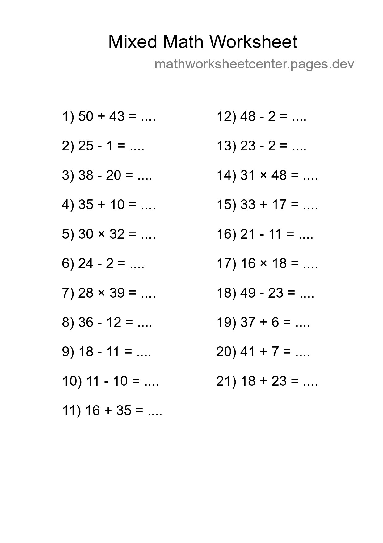 Mixed Operations Math Worksheet