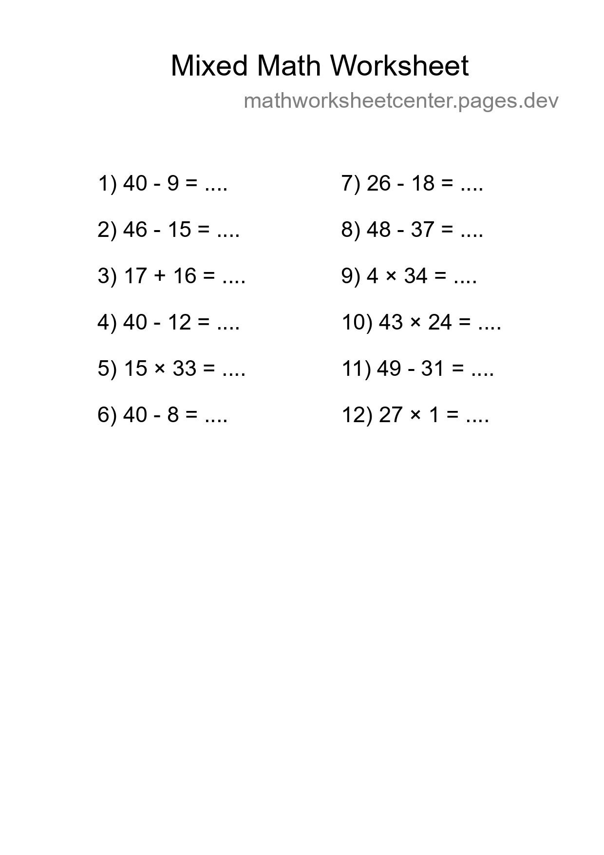 Mixed Operations Math Worksheet