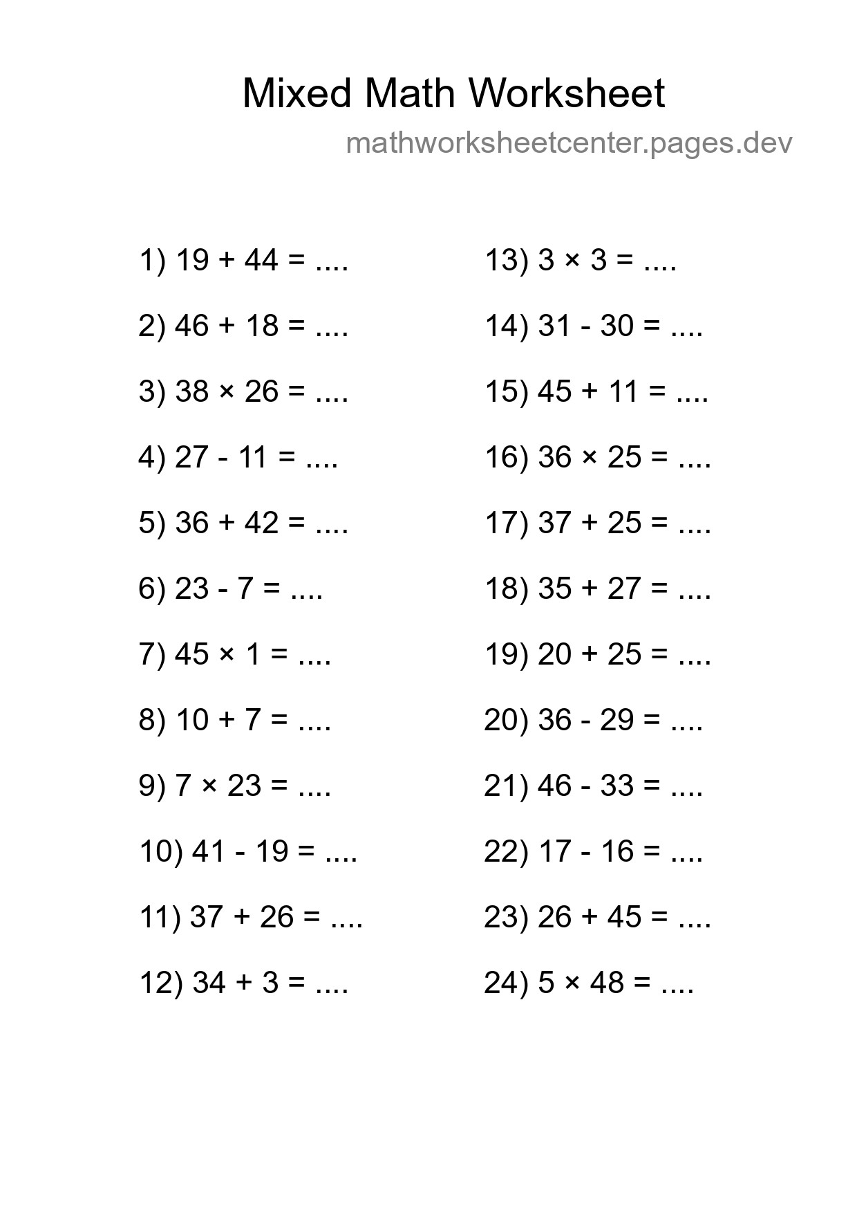 Mixed Operations Math Worksheet