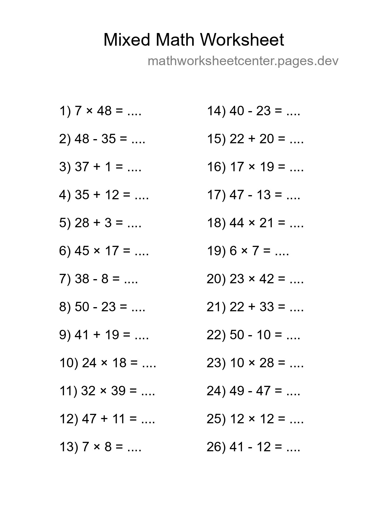 Mixed Operations Math Worksheet
