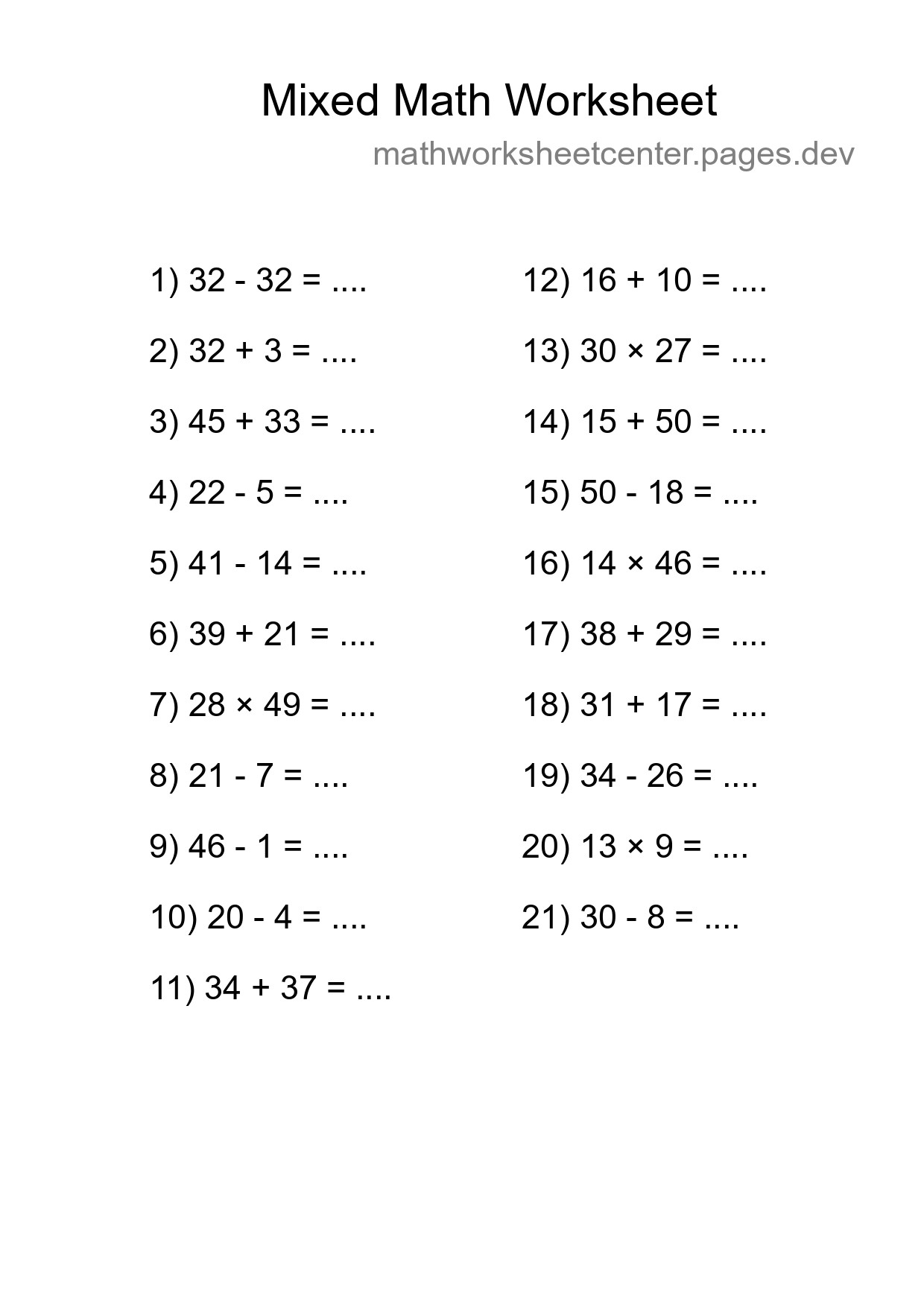 Mixed Operations Math Worksheet