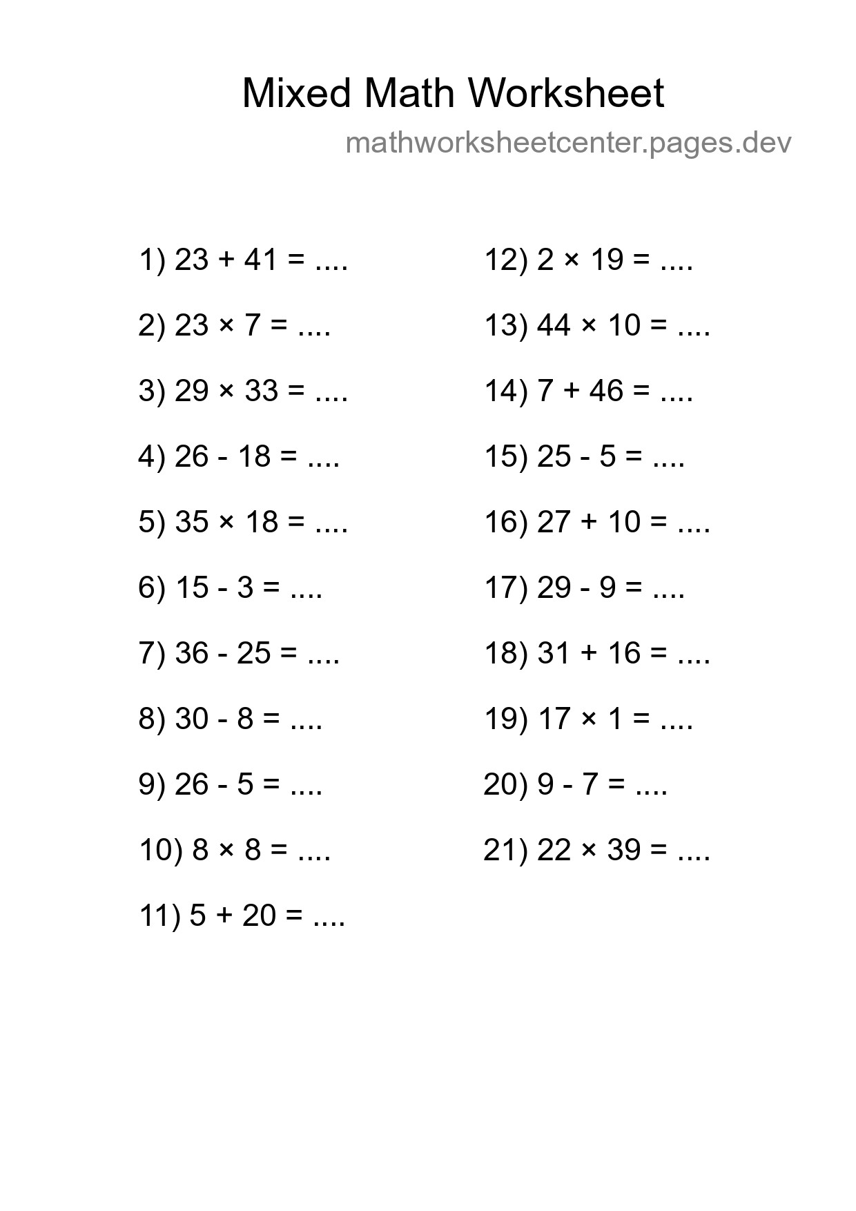 Mixed Operations Math Worksheet