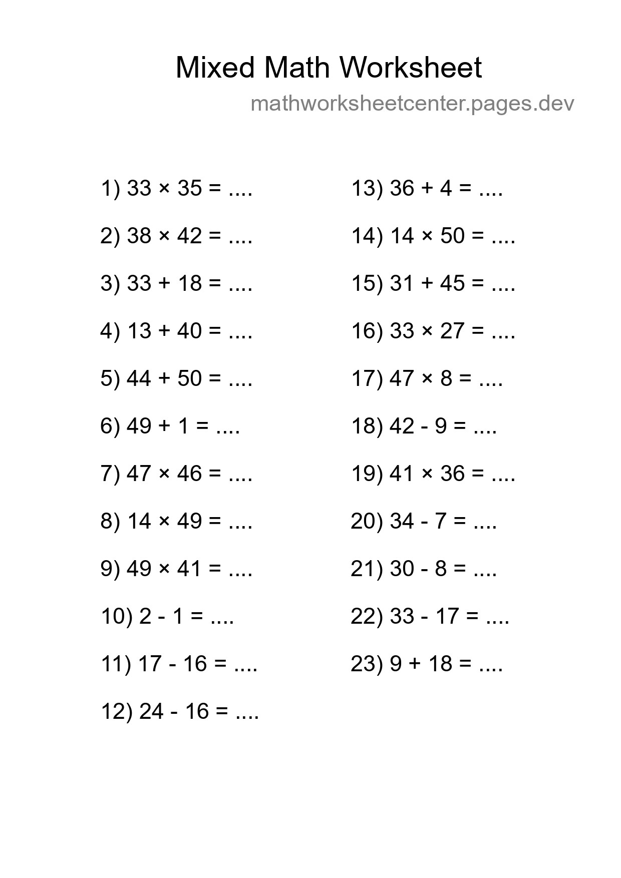 Mixed Operations Math Worksheet