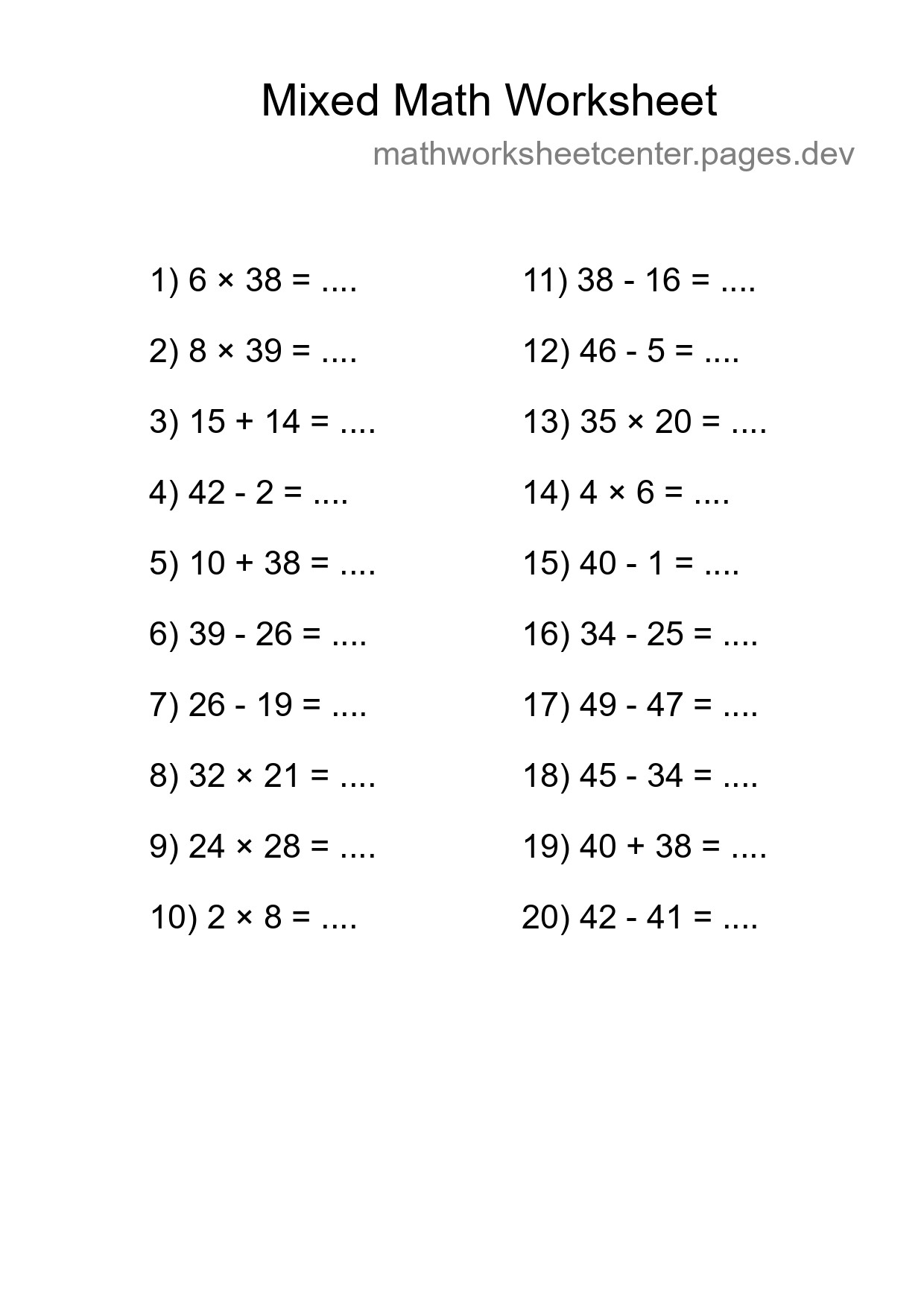 Mixed Operations Math Worksheet